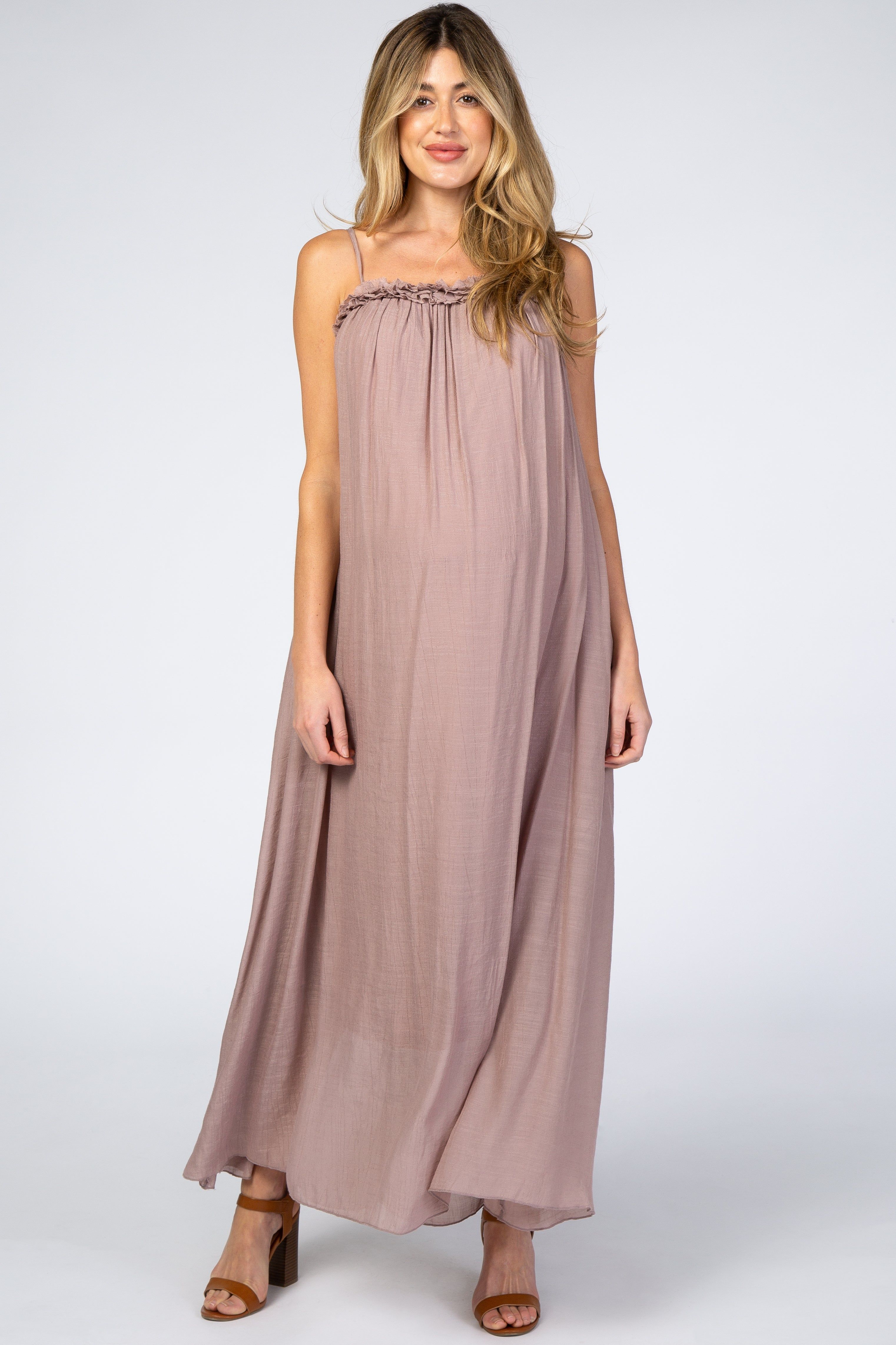 Mauve Ruffle Linen Maternity Maxi Dress sold by Pinkblush