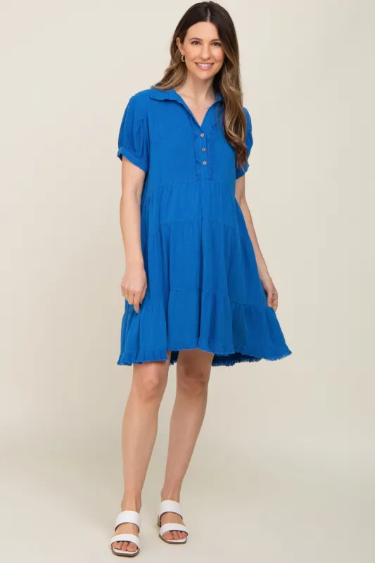 Royal Blue Tiered Collared Linen Maternity Dress sold by Pinkblush