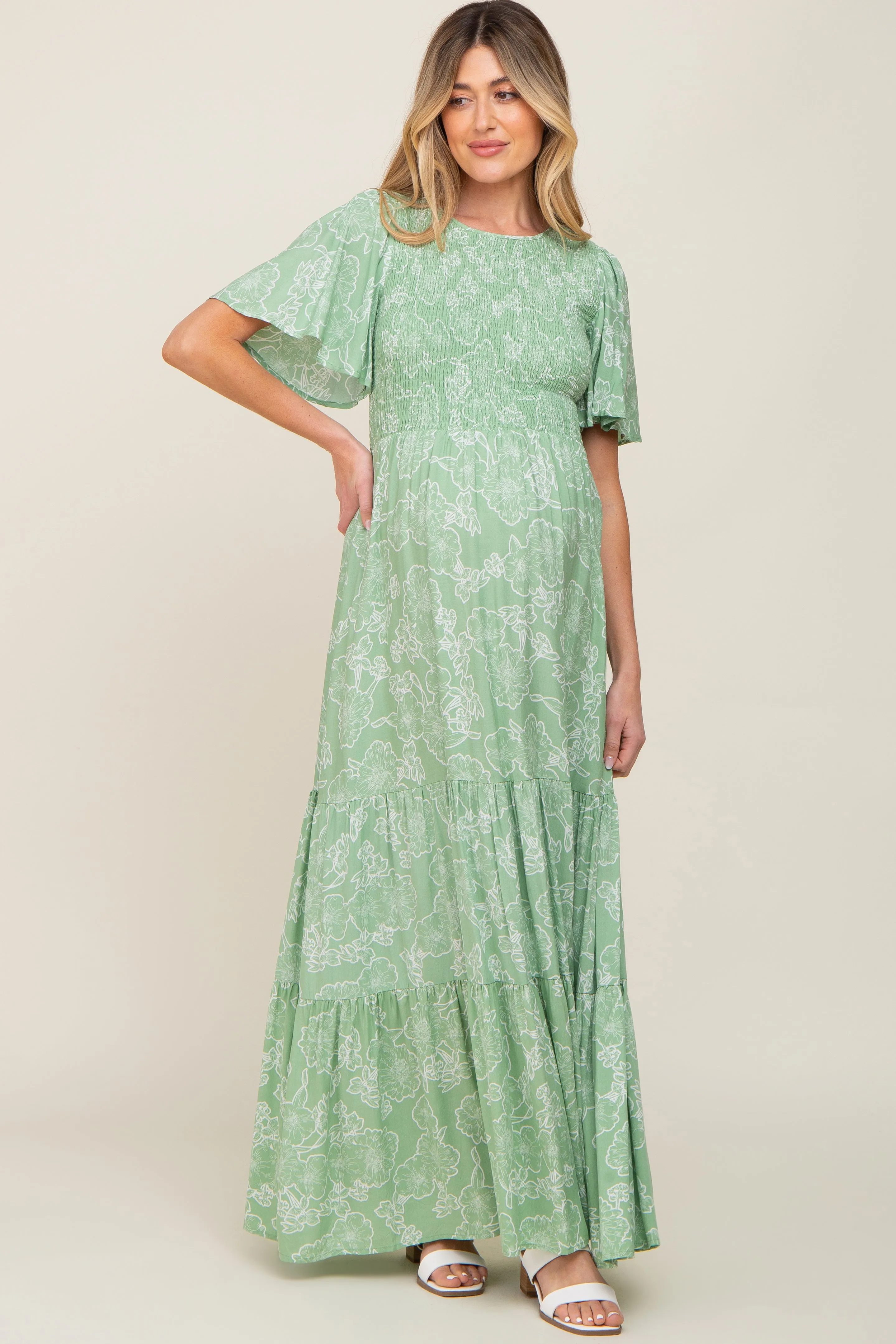 Light Green Floral Flounce Sleeve Maternity Maxi Dress sold by Pinkblush product image thumbnail 4