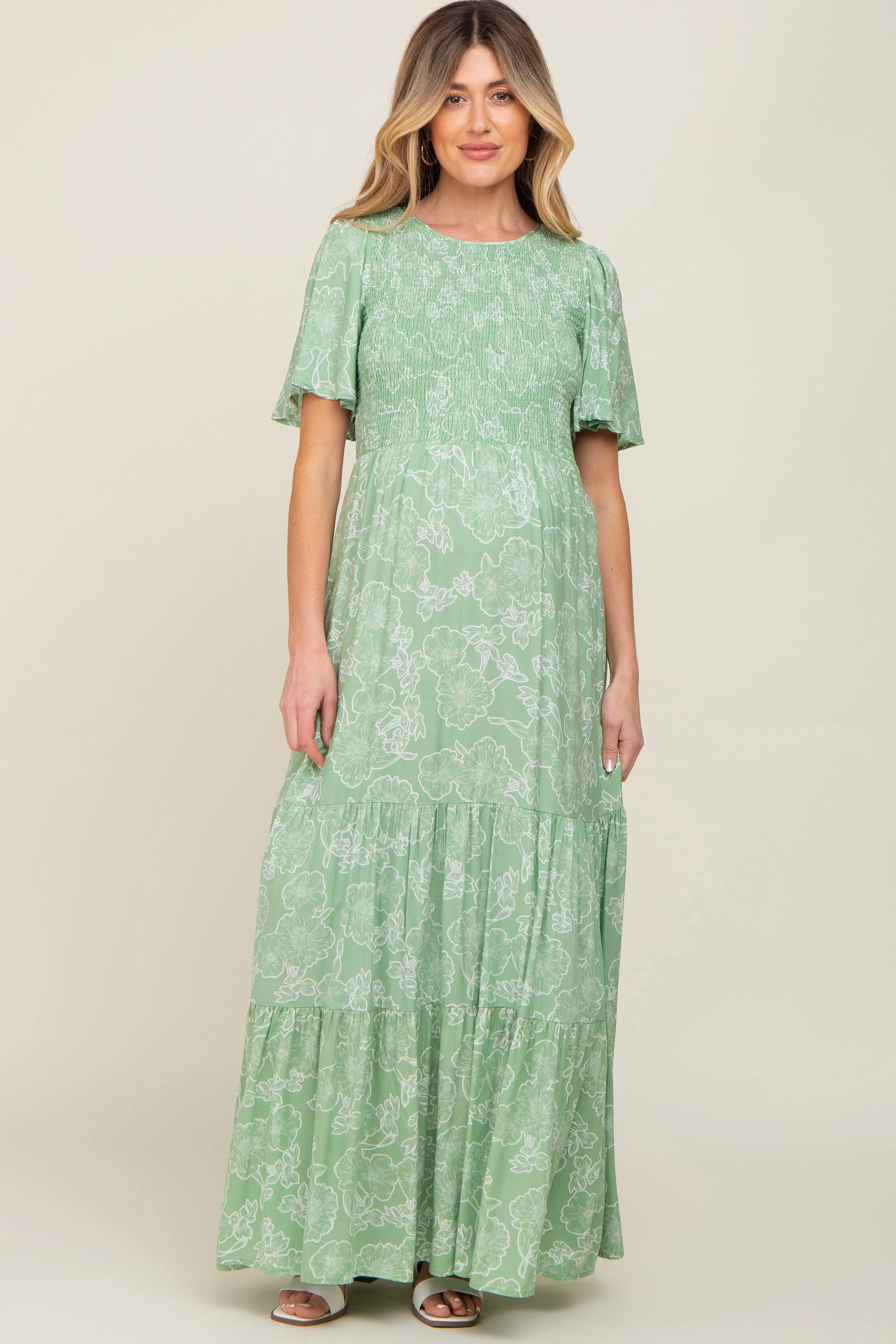 Light Green Floral Flounce Sleeve Maternity Maxi Dress sold by Pinkblush