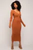 Camel V-Neck Long Sleeve Fitted Maxi Dress sold by Pinkblush