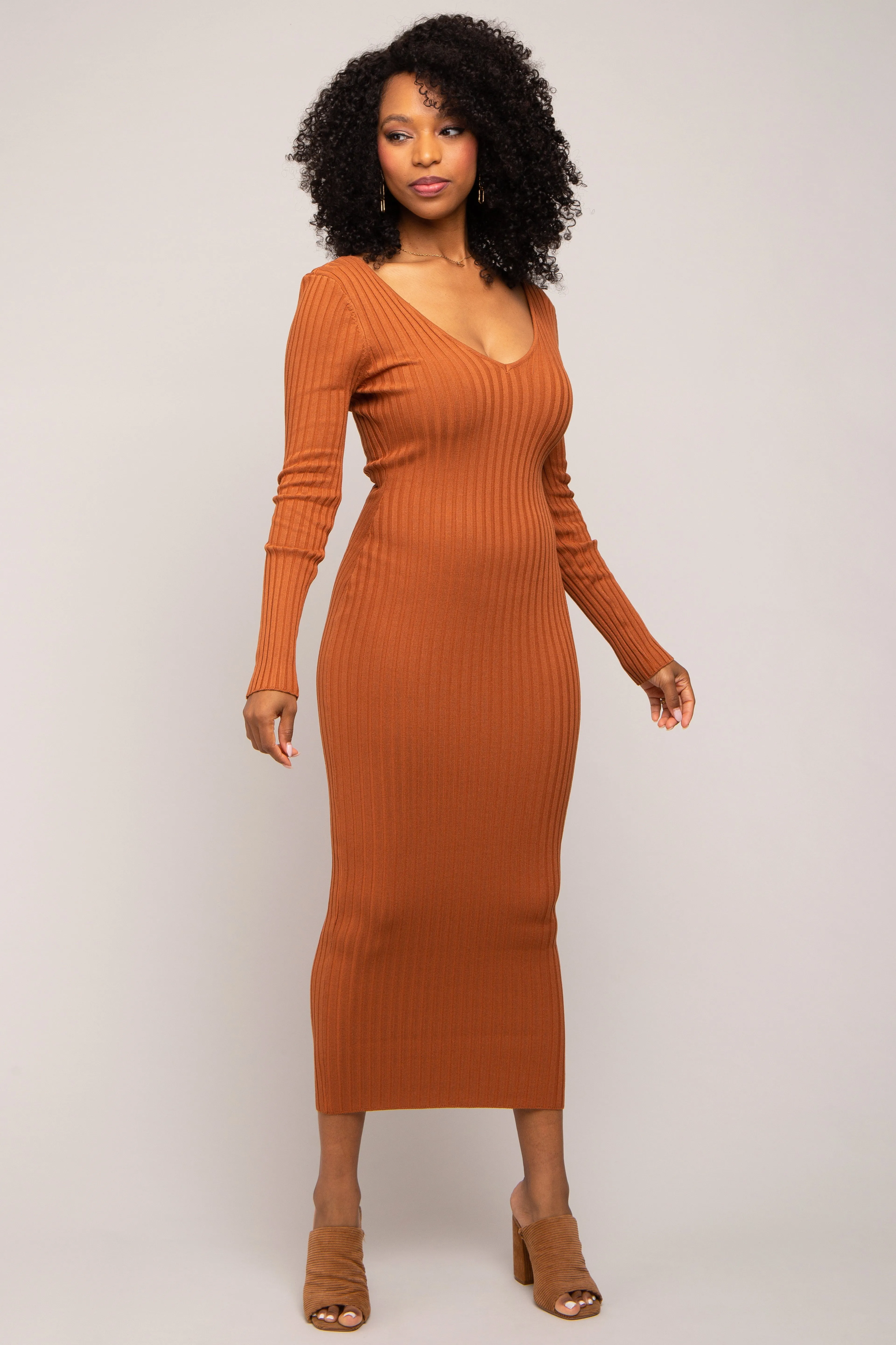 Camel V-Neck Long Sleeve Fitted Maxi Dress sold by Pinkblush product image thumbnail 4