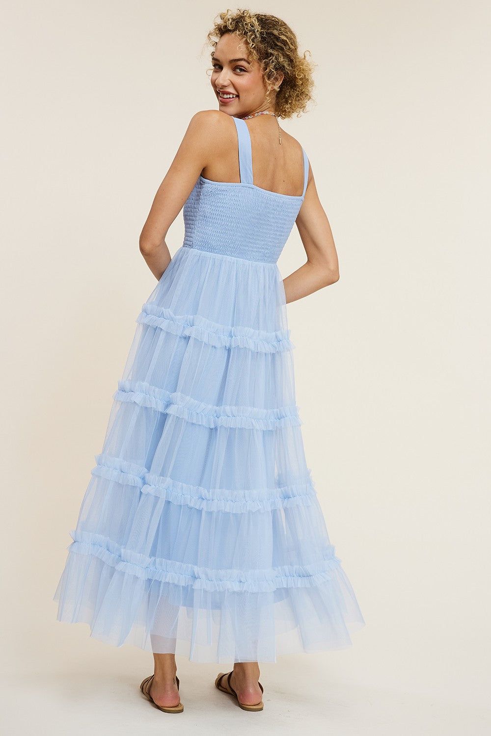 Light Blue Smocked Ruffle Tiered Tulle Midi Dress sold by Pinkblush product image thumbnail 3