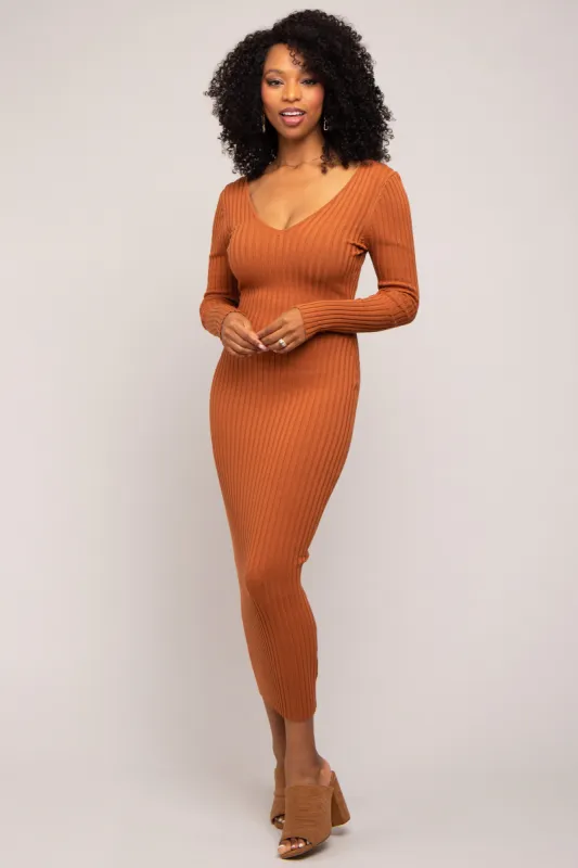 Camel V-Neck Long Sleeve Fitted Maxi Dress sold by Pinkblush