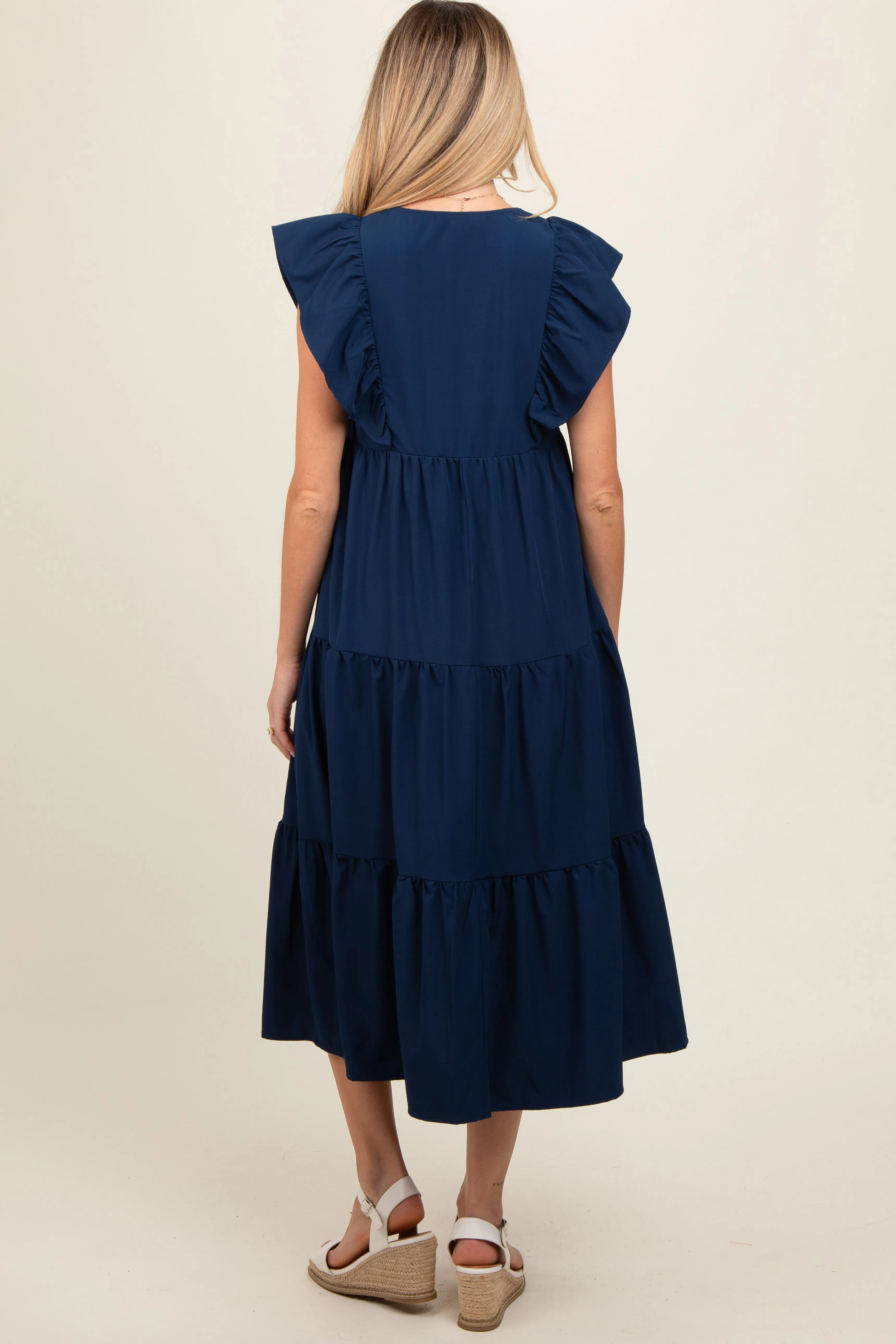 Navy Flutter Sleeve Tiered Maternity Midi Dress sold by Pinkblush product image thumbnail 4