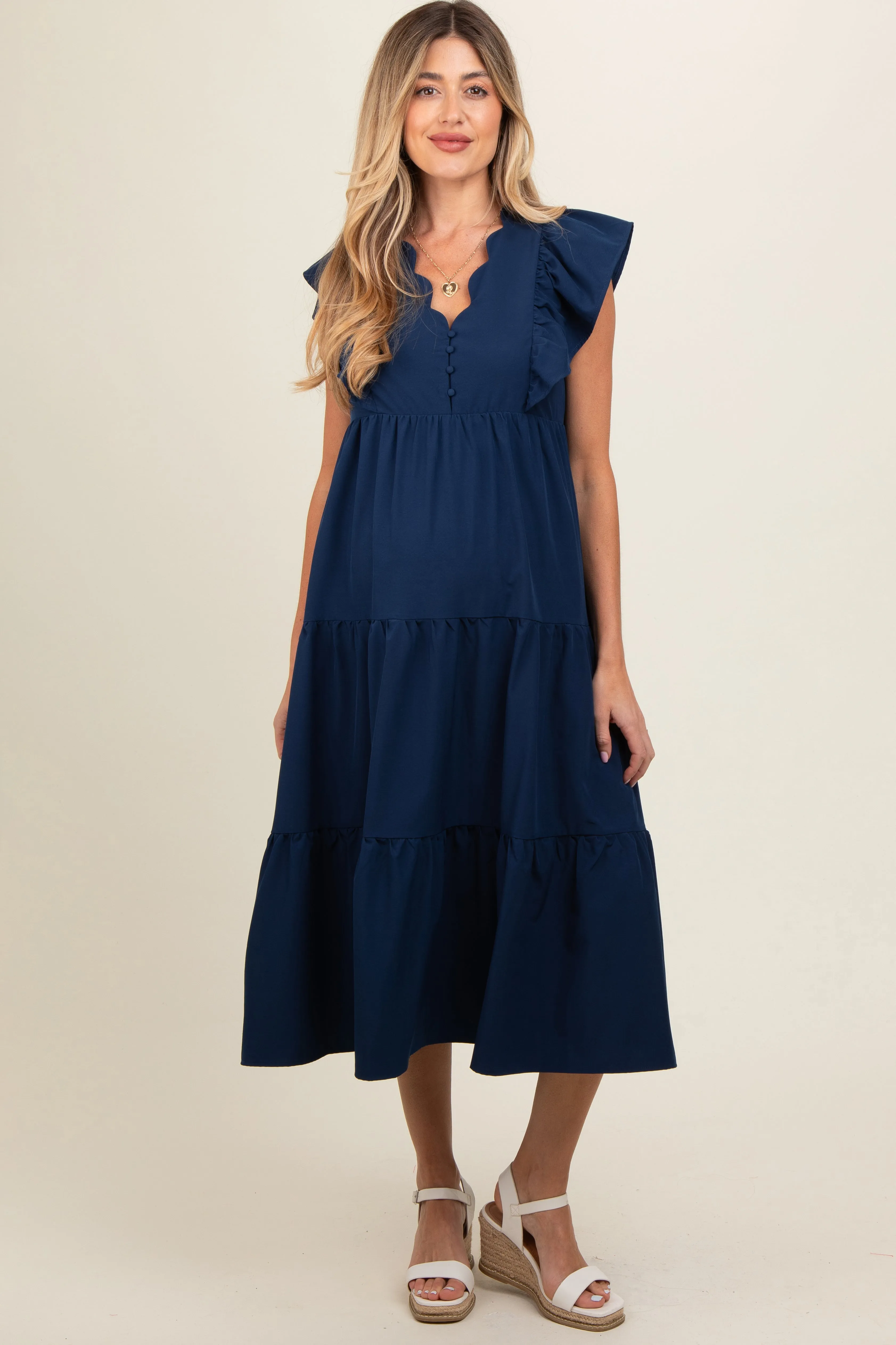 Navy Flutter Sleeve Tiered Maternity Midi Dress sold by Pinkblush
