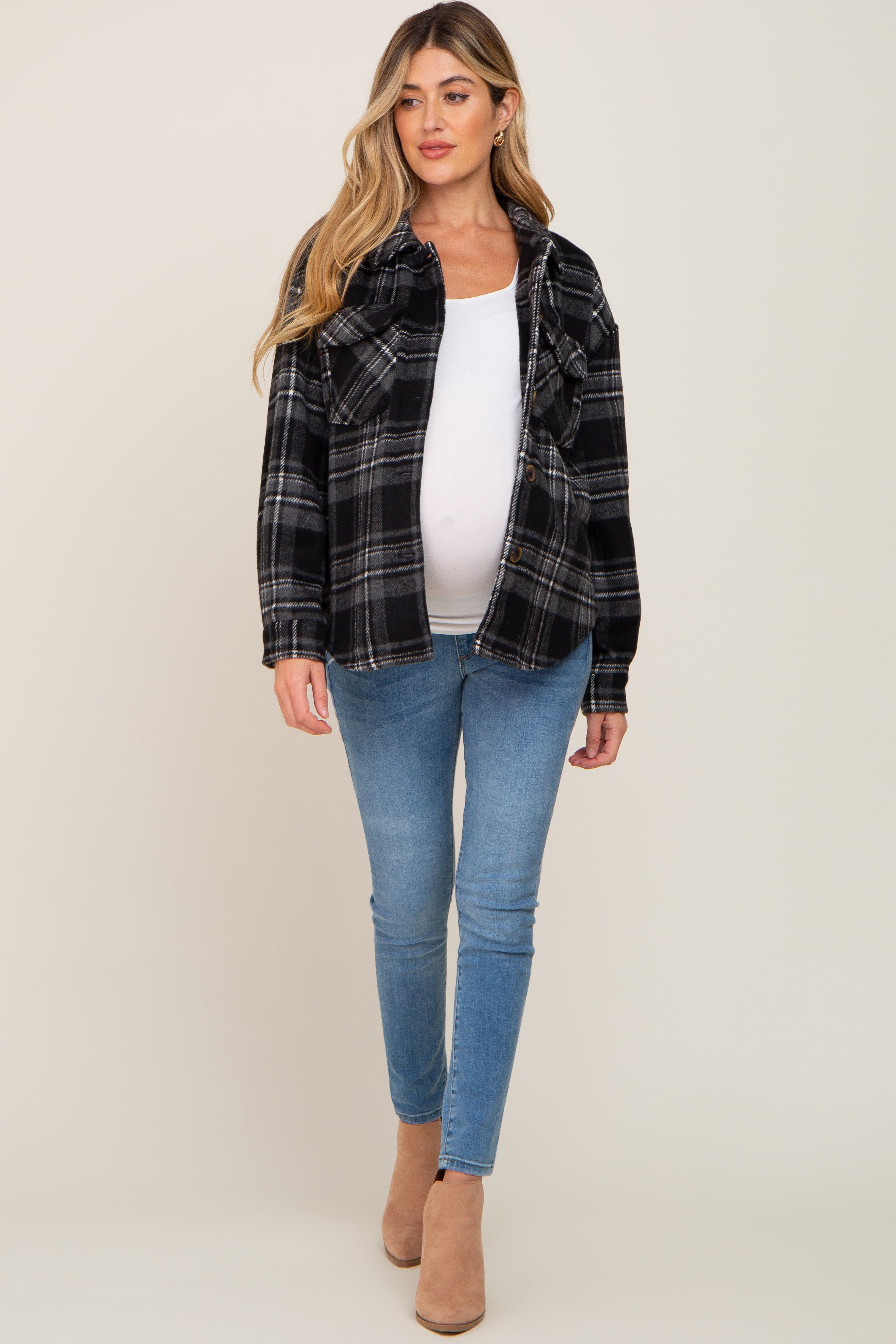 Black Plaid Front Pocket Maternity Shacket sold by Pinkblush product image thumbnail 4