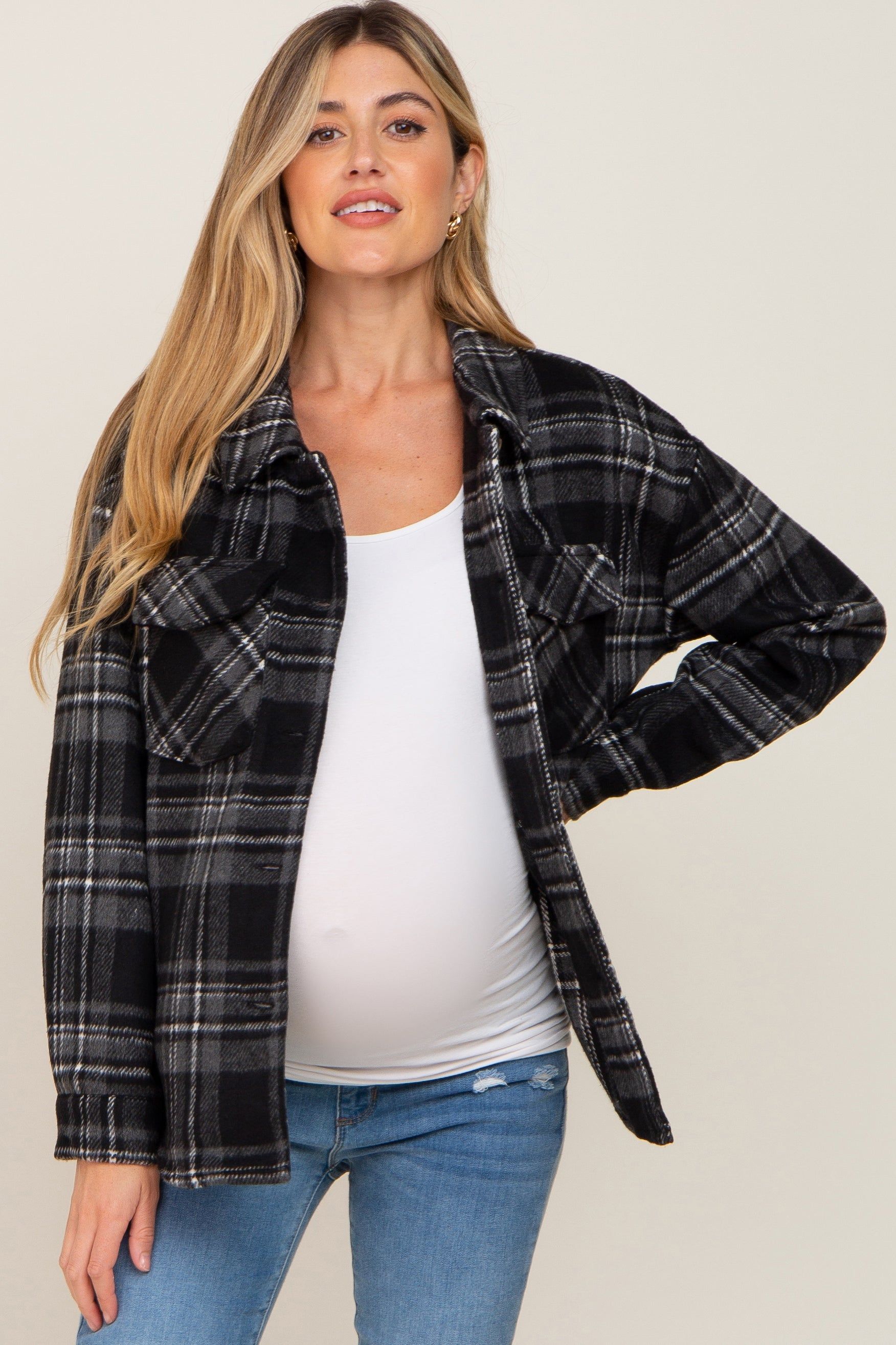 Black Plaid Front Pocket Maternity Shacket sold by Pinkblush