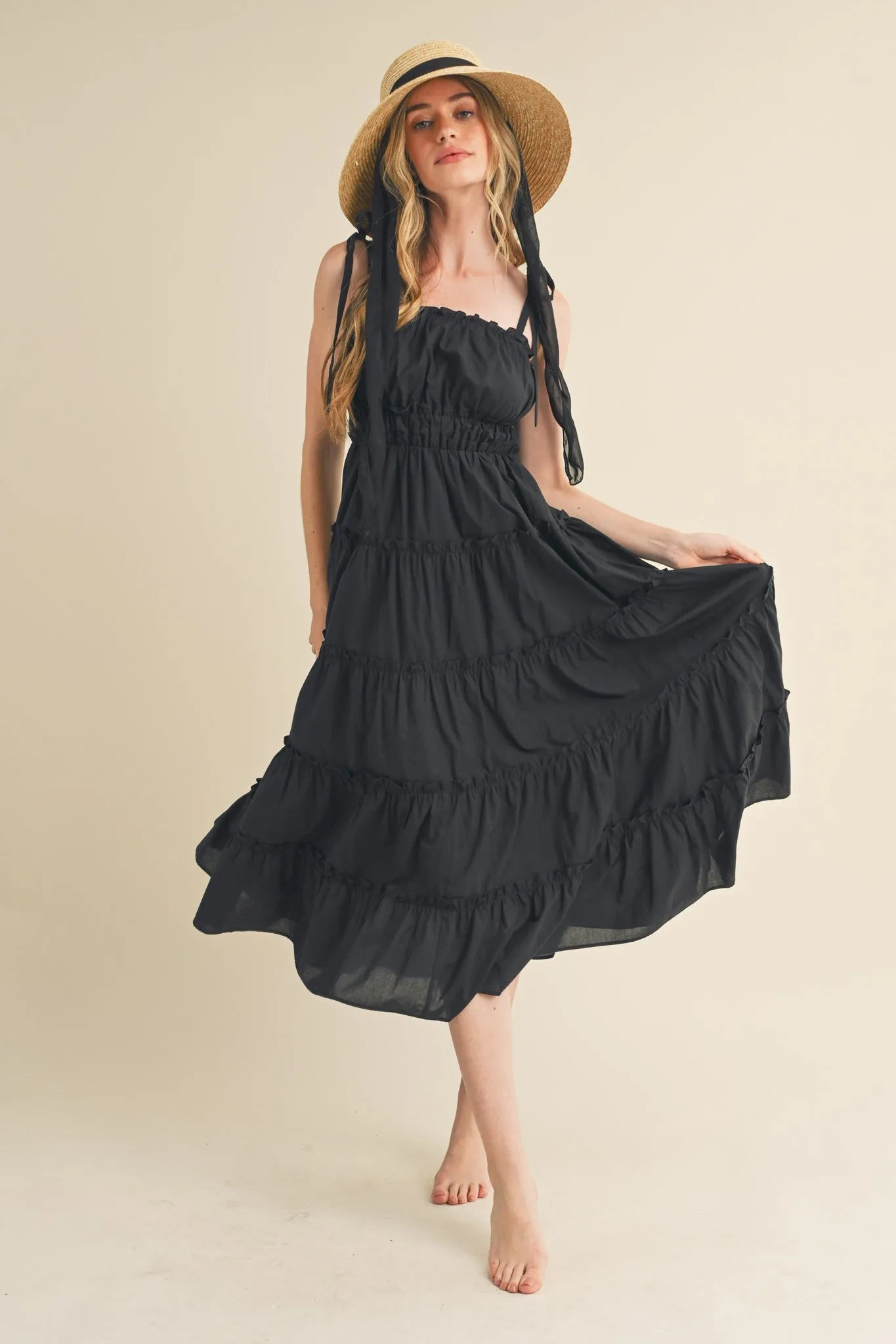 Black Tiered Tie Strap Midi Dress sold by Pinkblush