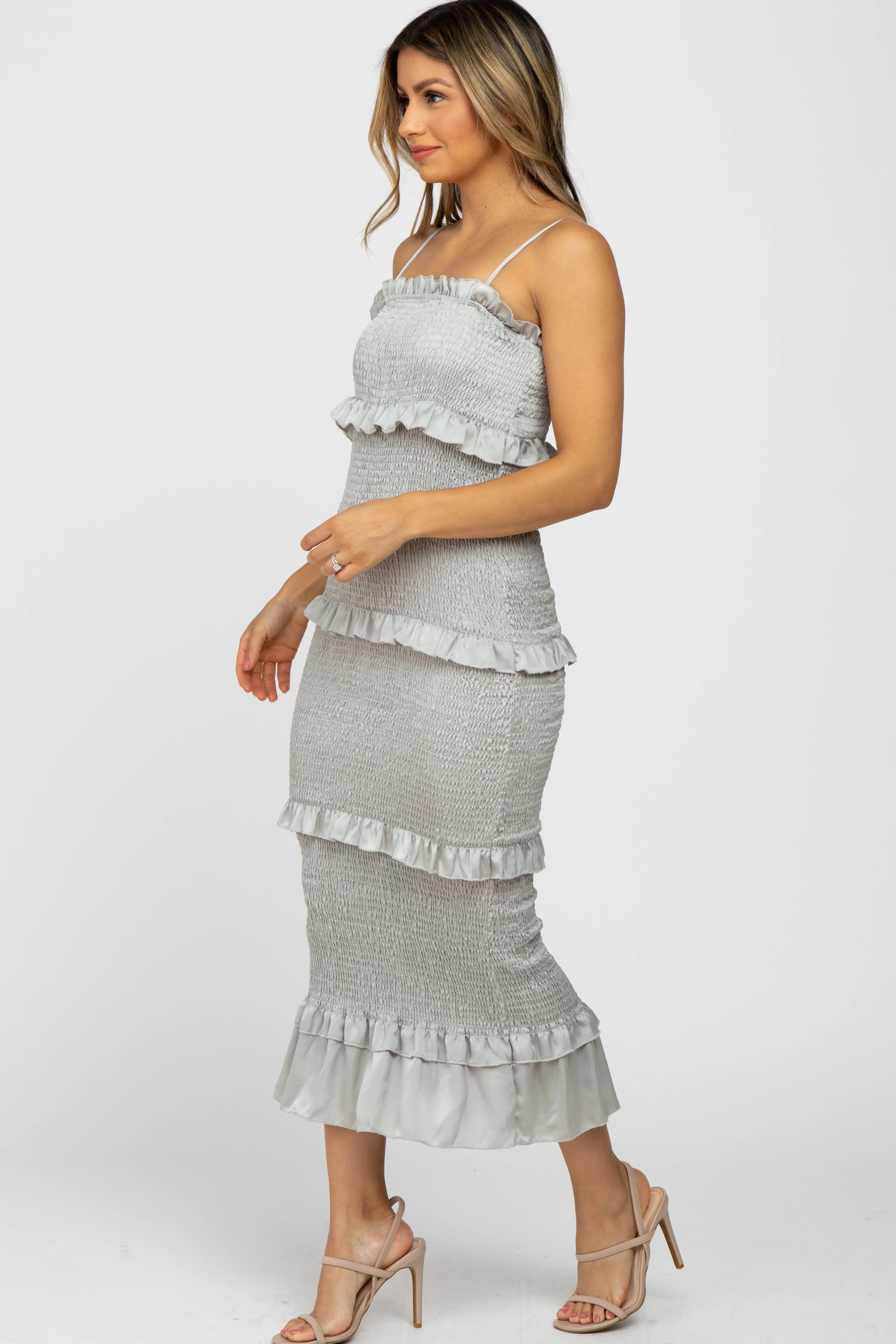 Sage Satin Smocked Fitted Midi Dress sold by Pinkblush product image thumbnail 2