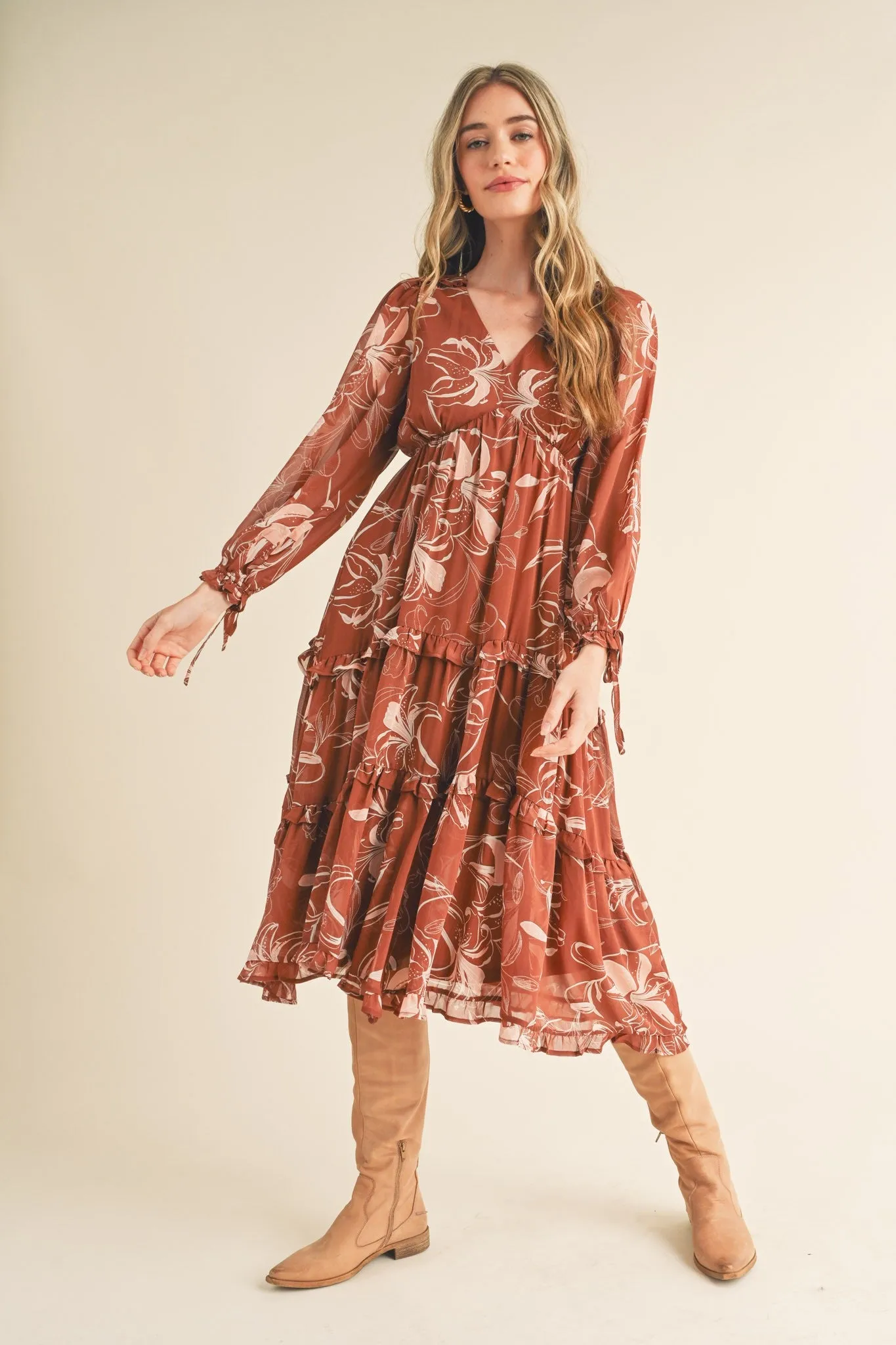 Brown Floral Chiffon Ruffle Tiered Midi Dress sold by Pinkblush