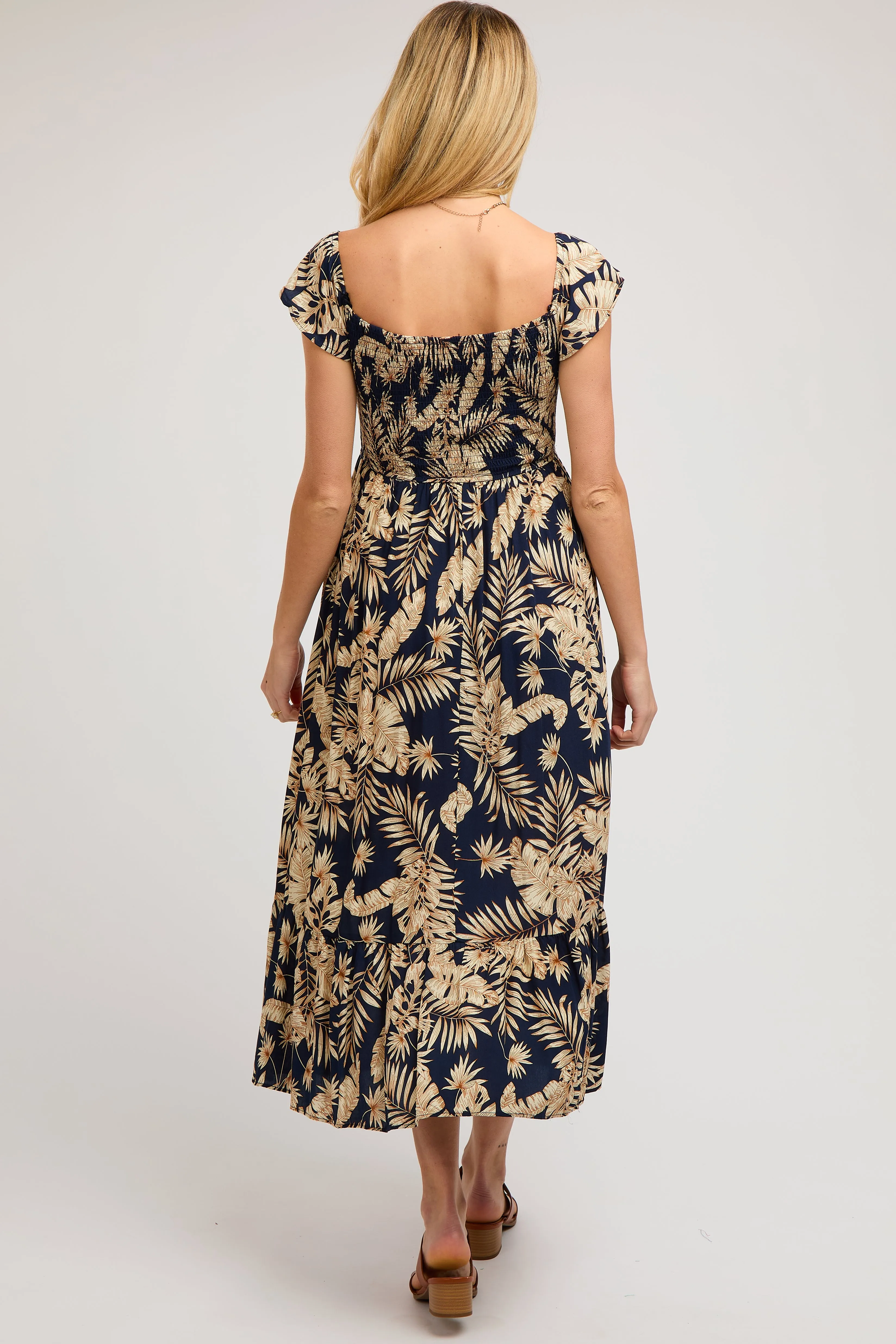 Navy Tropical Print Smocked Short Sleeve Maternity Maxi Dress sold by Pinkblush product image thumbnail 5