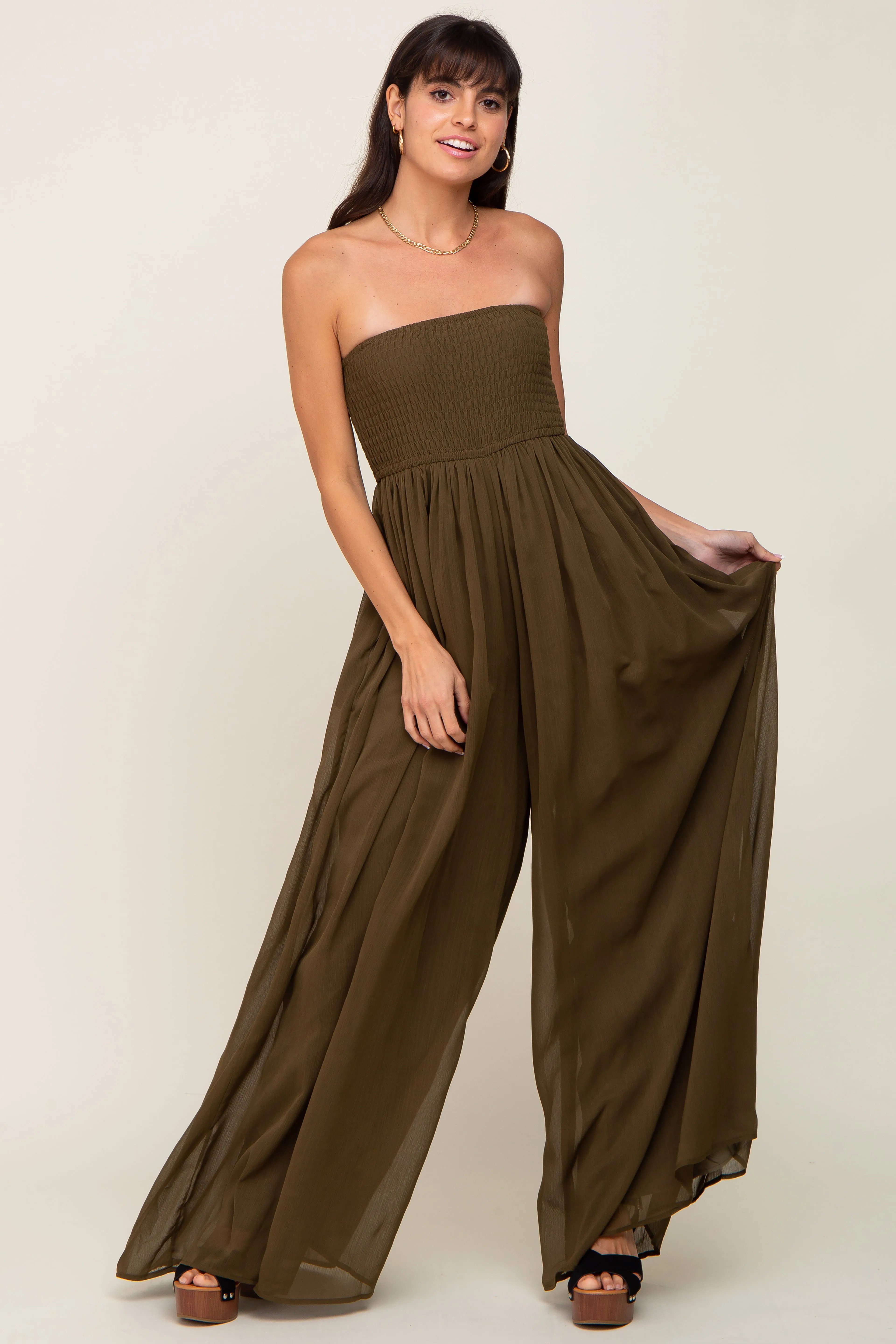 Olive Smocked Strapless Wide Leg Jumpsuit sold by Pinkblush product image thumbnail 2