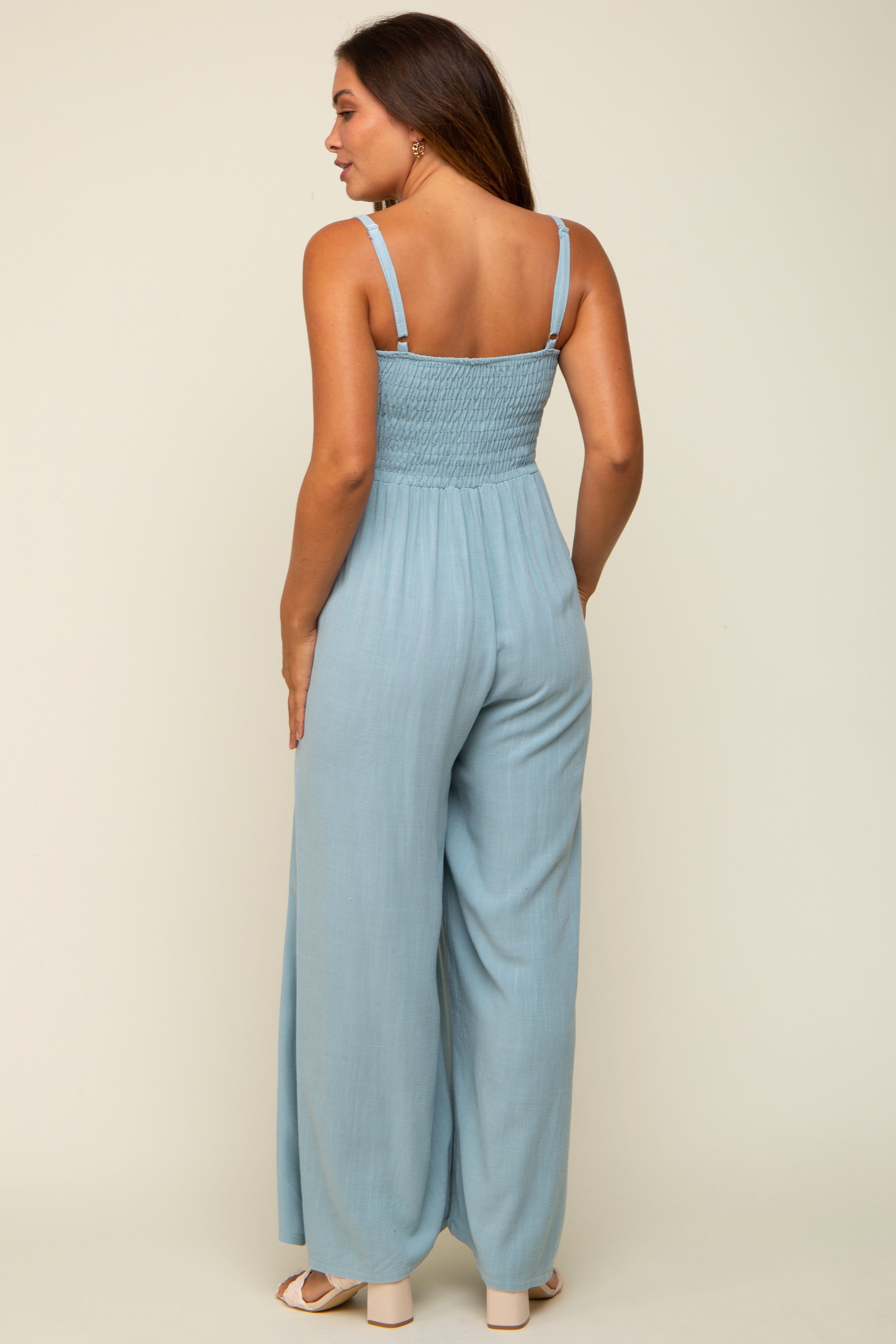 Light Blue Smocked Linen Wide Leg Maternity Jumpsuit sold by Pinkblush product image thumbnail 4