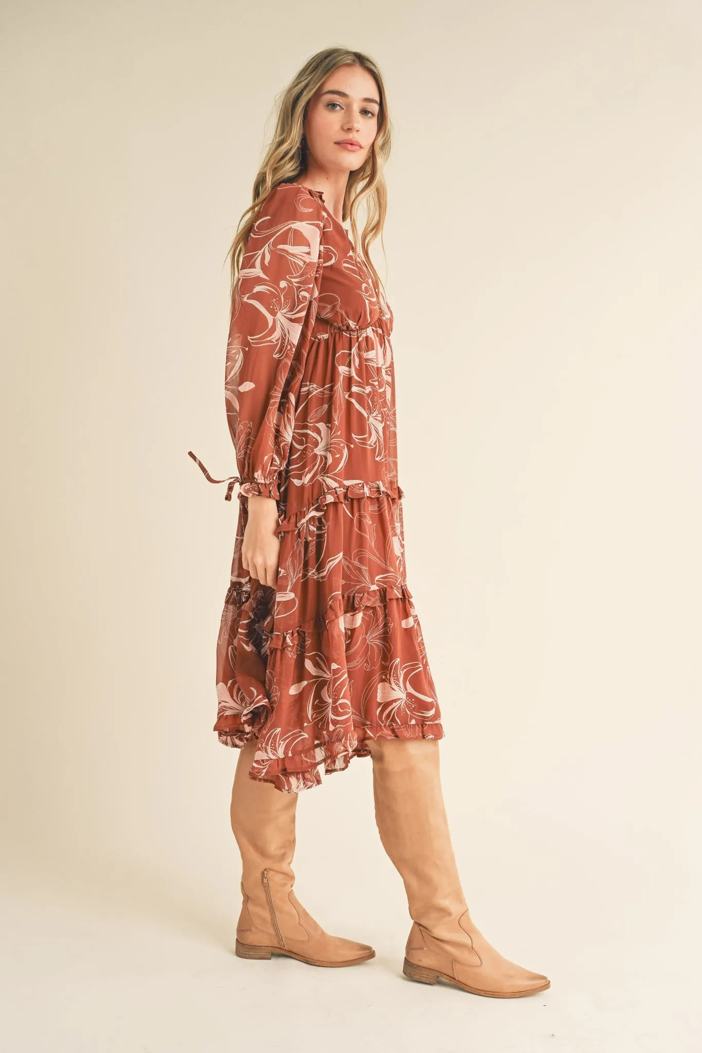 Brown Floral Chiffon Ruffle Tiered Midi Dress sold by Pinkblush product image thumbnail 2