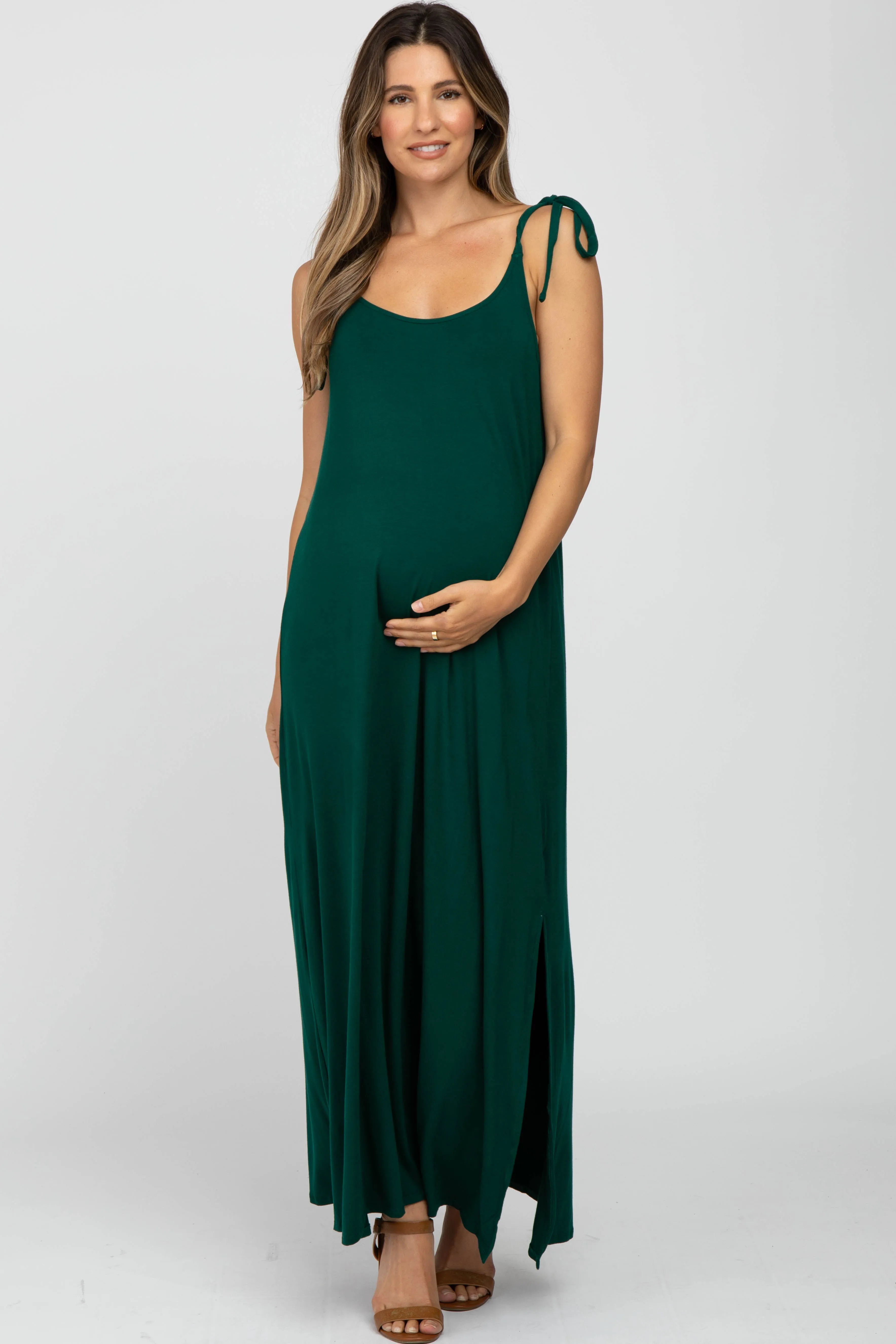 Green Tie Strap Side Slit Maternity Maxi Dress sold by Pinkblush product image thumbnail 4