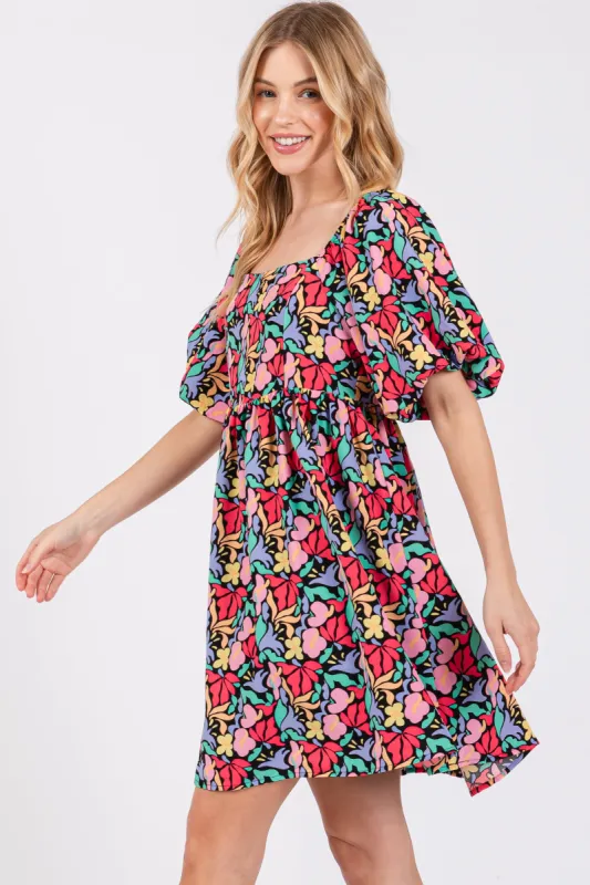 Black Floral Puff Sleeve Dress sold by Pinkblush