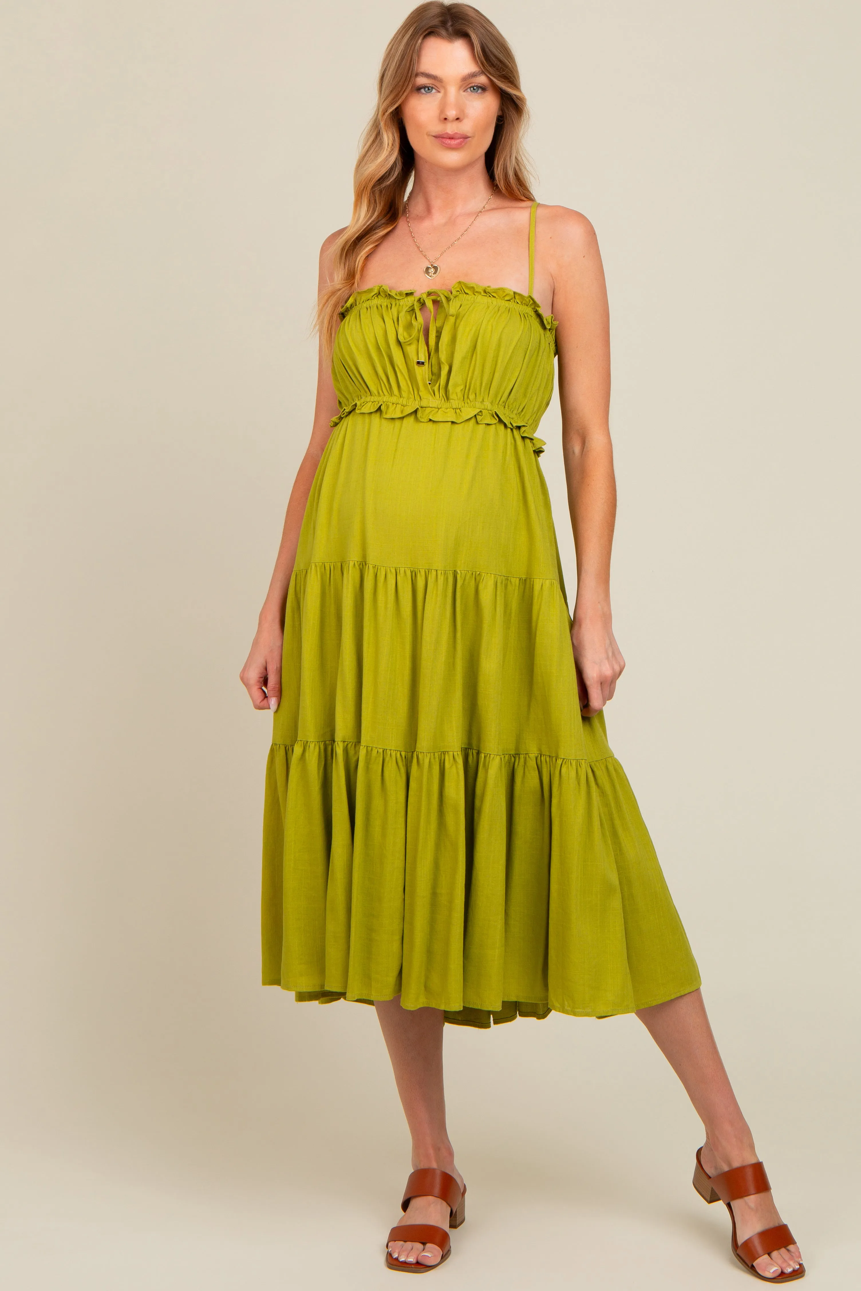 Lime Front Tie Cutout Tiered Maternity Midi Dress sold by Pinkblush