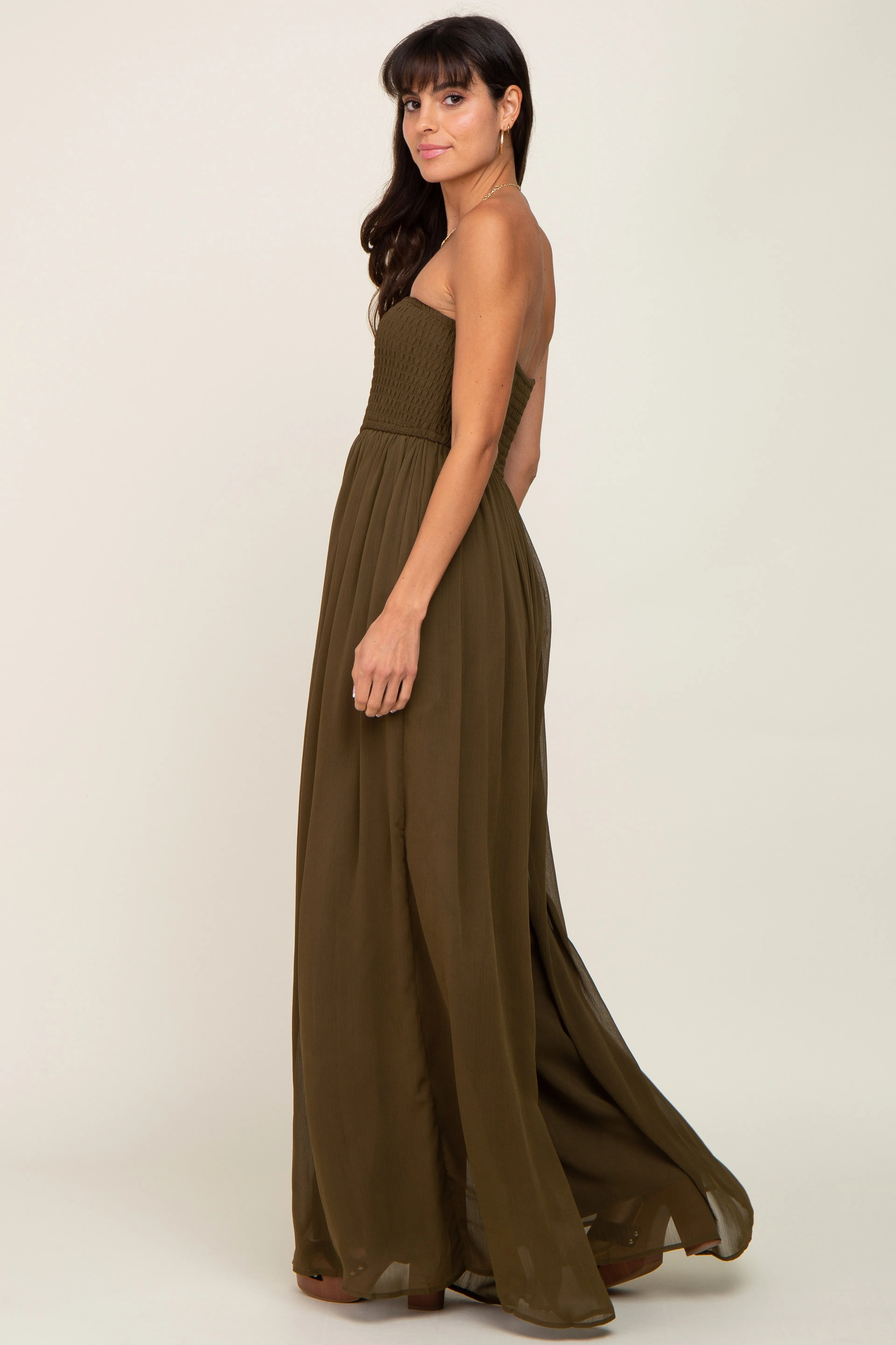 Olive Smocked Strapless Wide Leg Jumpsuit sold by Pinkblush product image thumbnail 3