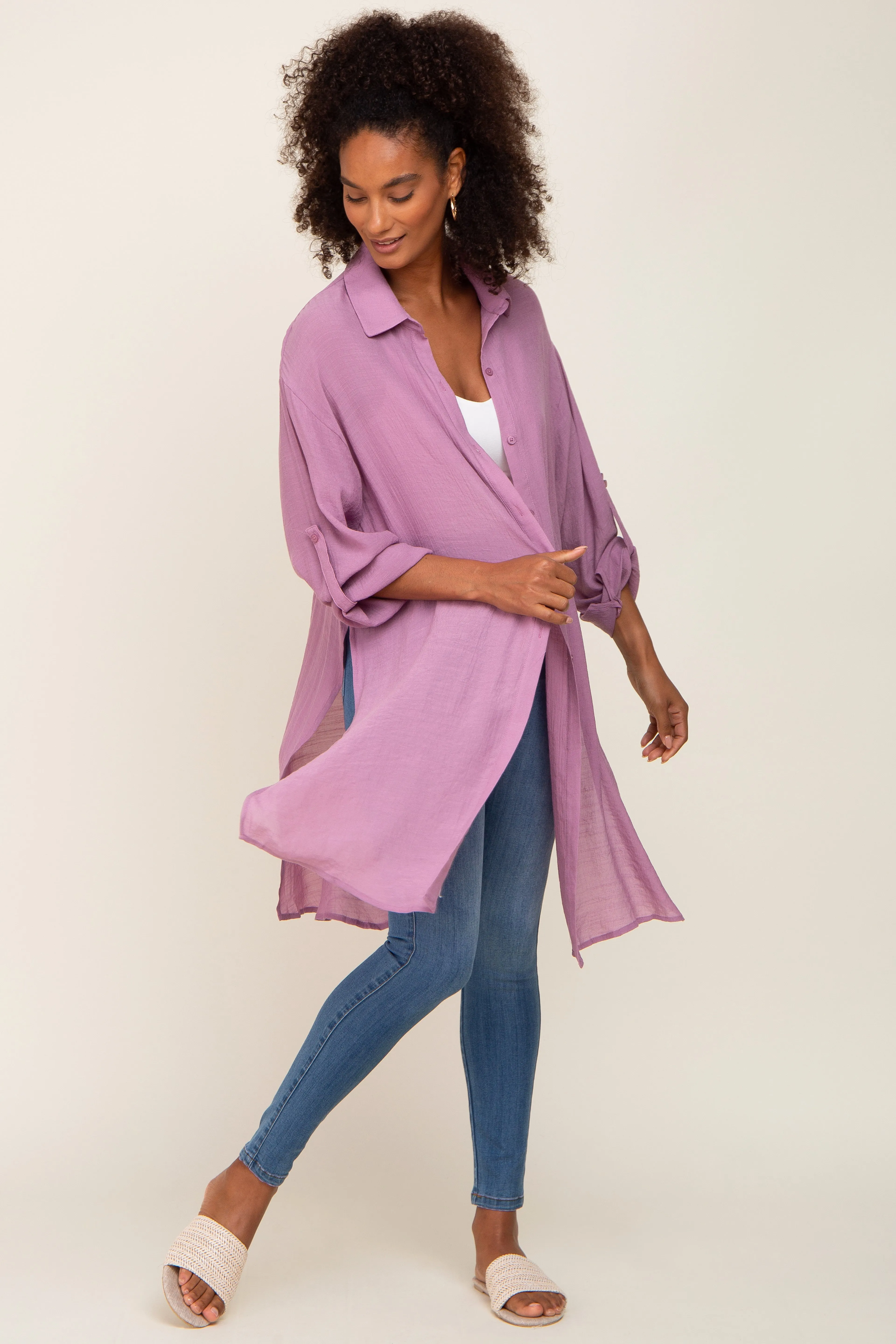 Lilac Button Front Side Slit Oversized Blouse sold by Pinkblush product image thumbnail 4