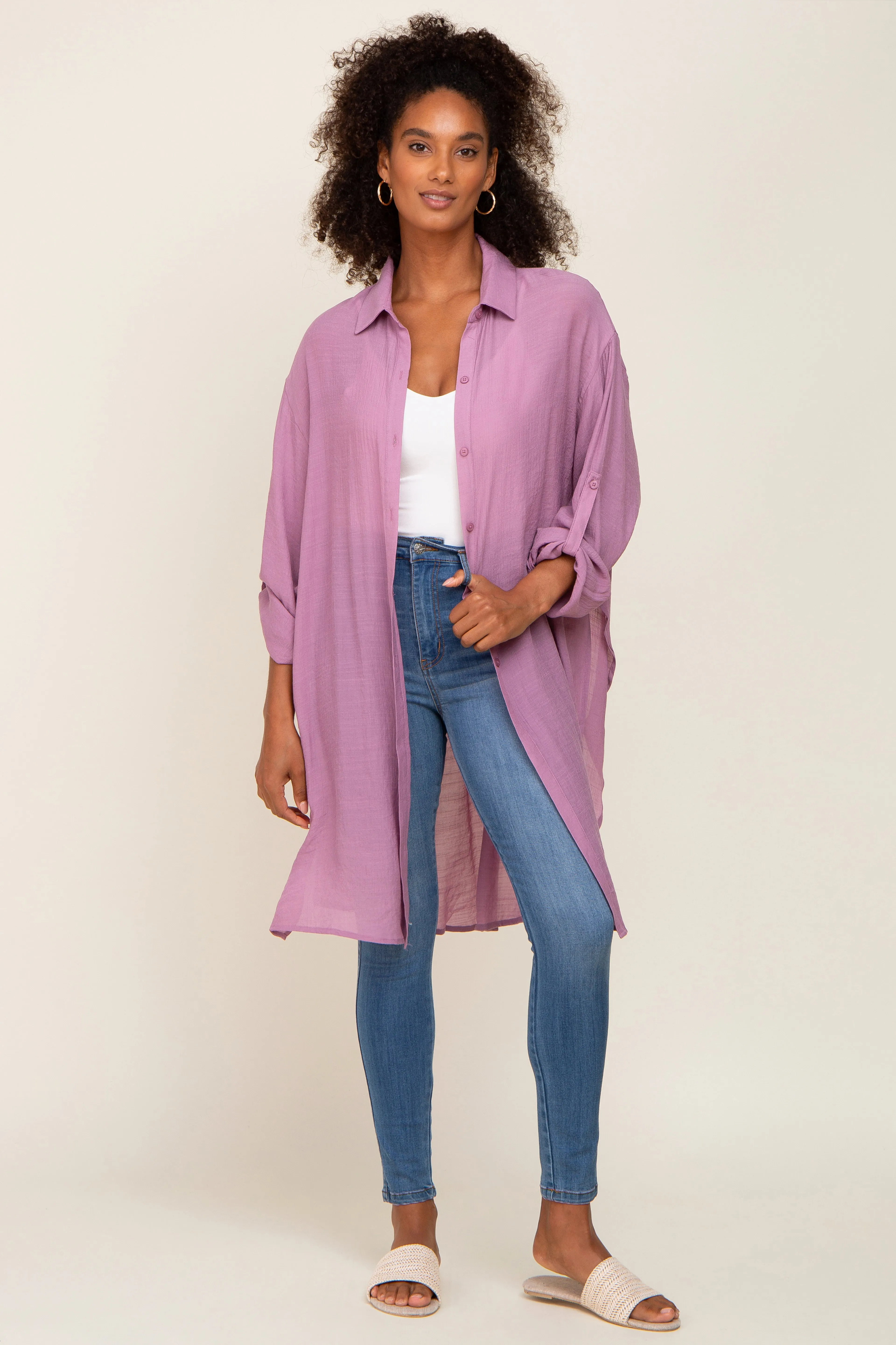 Lilac Button Front Side Slit Oversized Blouse sold by Pinkblush
