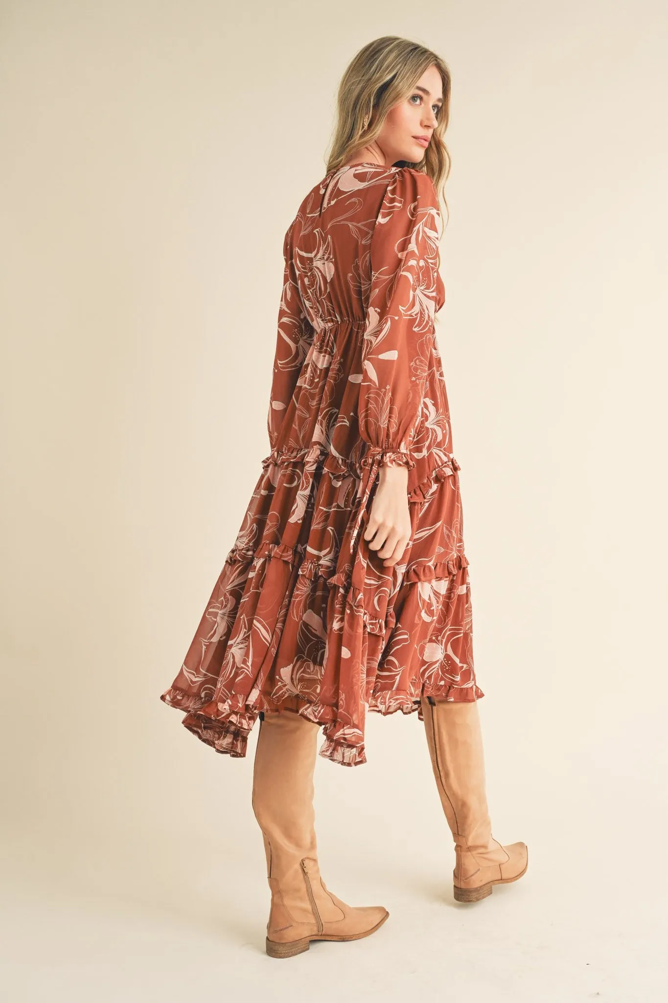 Brown Floral Chiffon Ruffle Tiered Midi Dress sold by Pinkblush product image thumbnail 3