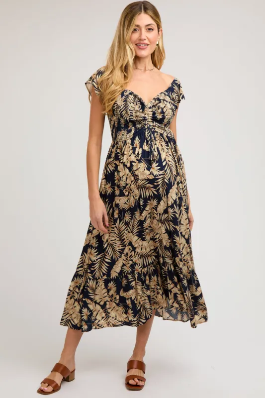 Navy Tropical Print Smocked Short Sleeve Maternity Maxi Dress sold by Pinkblush