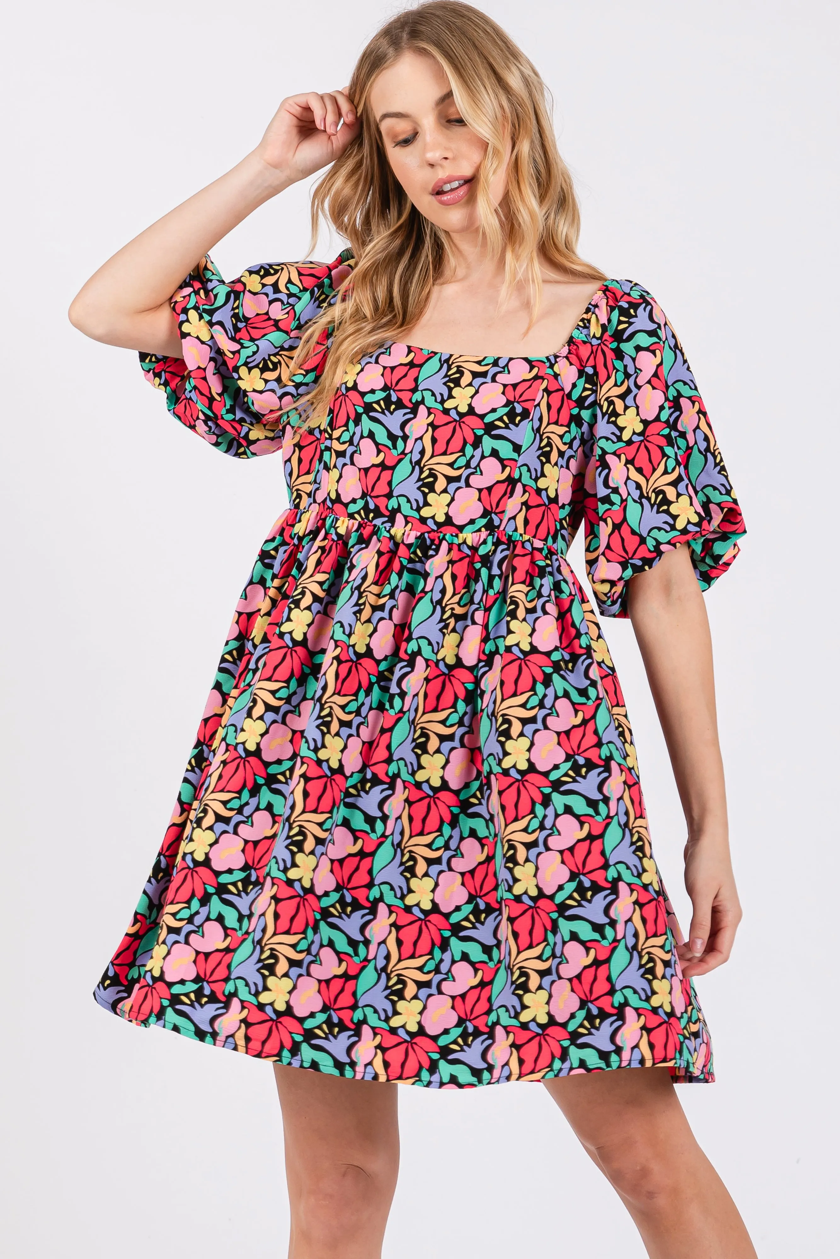 Black Floral Puff Sleeve Dress sold by Pinkblush product image thumbnail 2