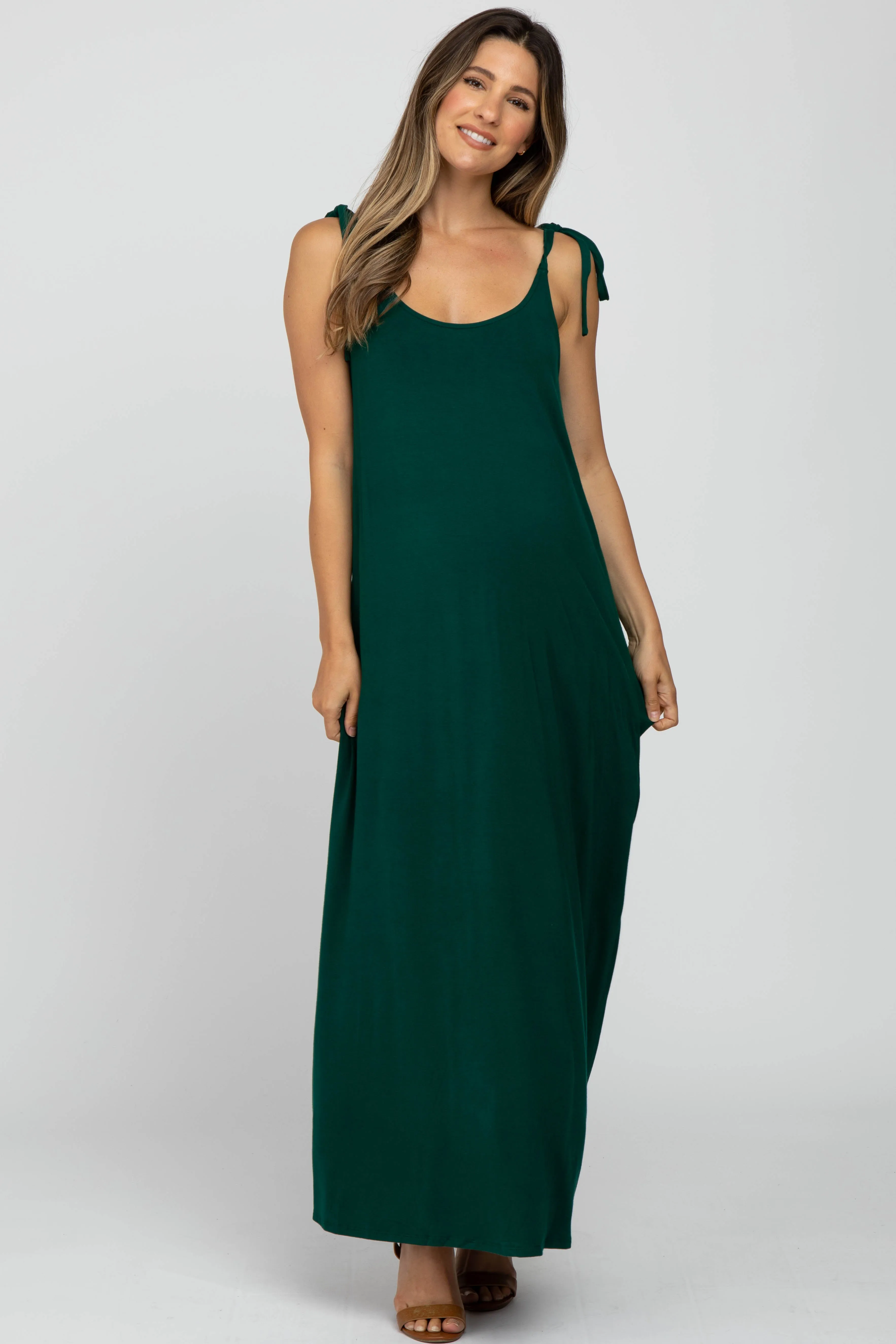 Green Tie Strap Side Slit Maternity Maxi Dress sold by Pinkblush