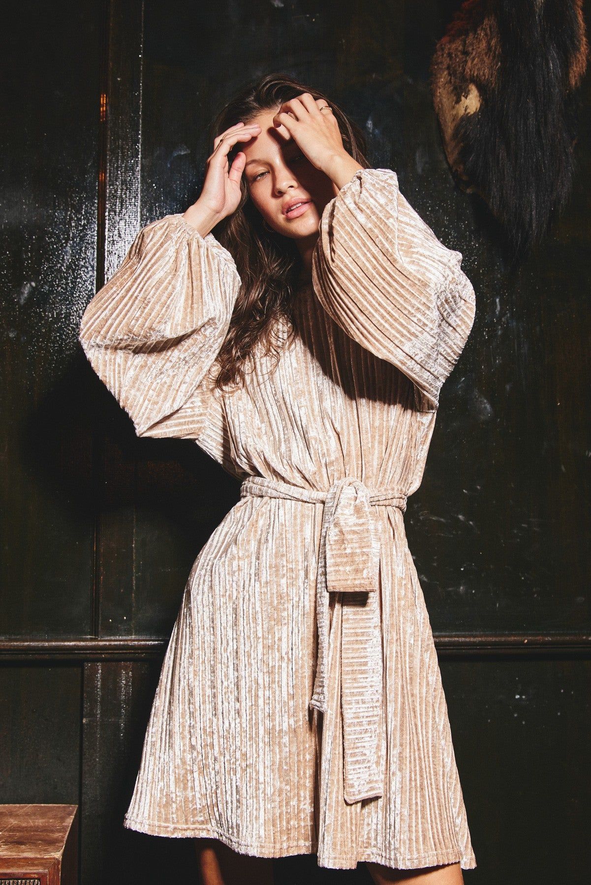 Champagne Velvet High Scoop Neck Sash Belt Dress sold by Pinkblush product image thumbnail 2