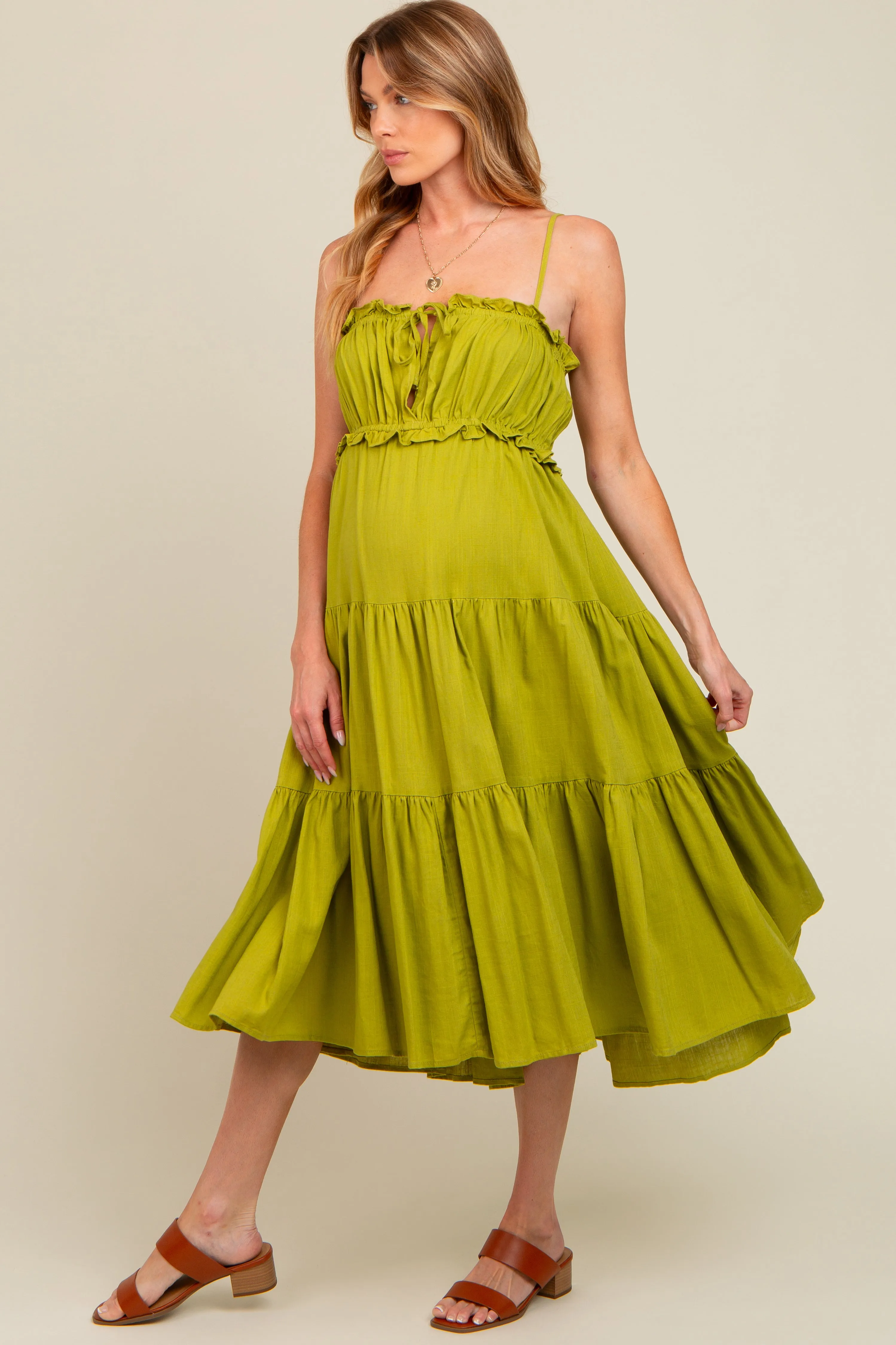 Lime Front Tie Cutout Tiered Maternity Midi Dress sold by Pinkblush product image thumbnail 2