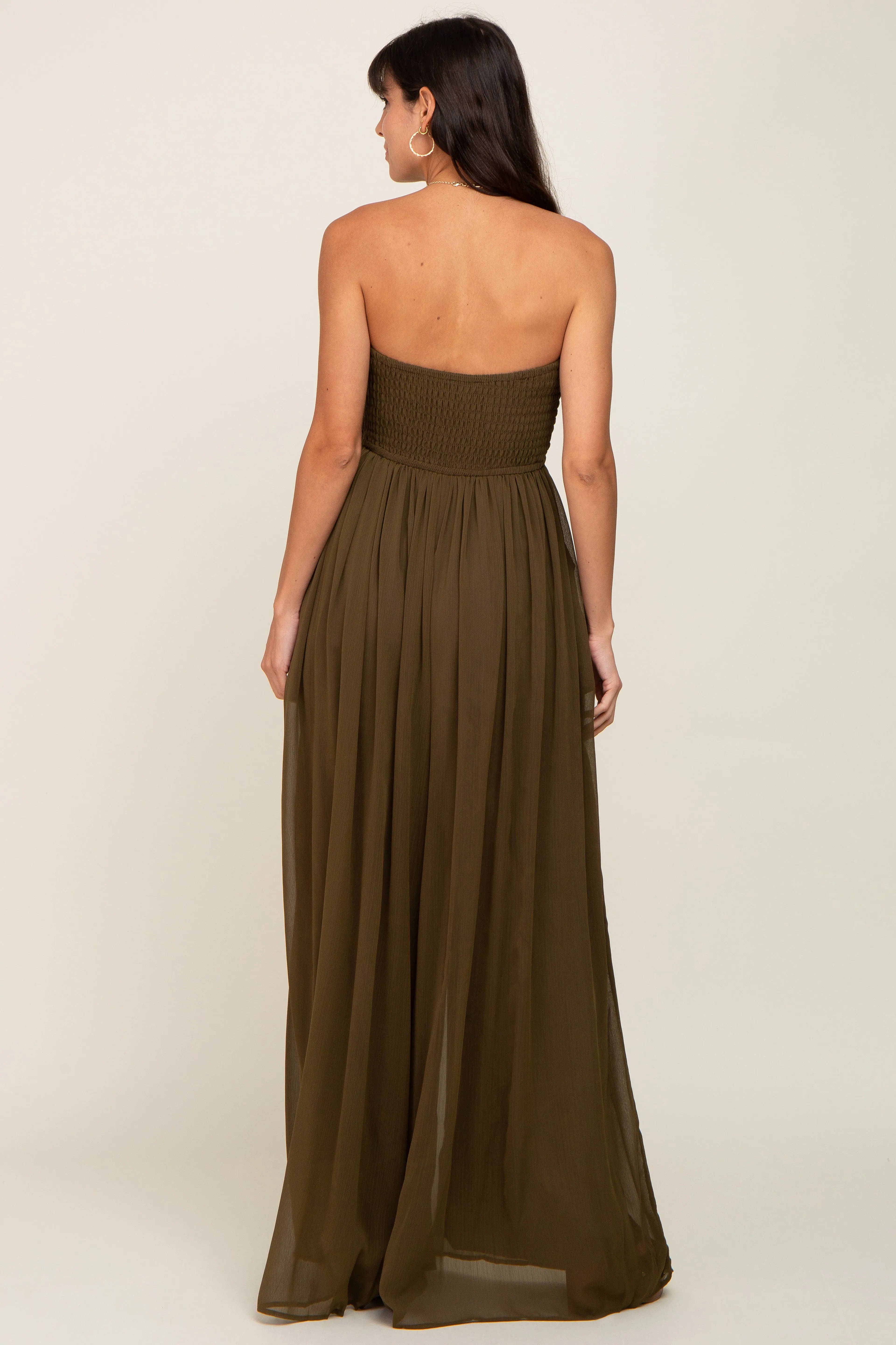 Olive Smocked Strapless Wide Leg Jumpsuit sold by Pinkblush product image thumbnail 4