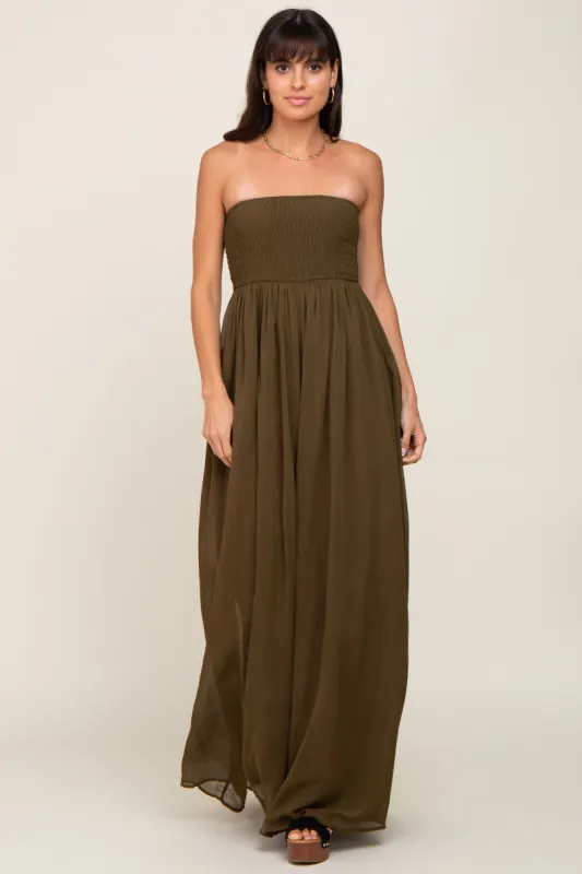 Olive Smocked Strapless Wide Leg Jumpsuit sold by Pinkblush