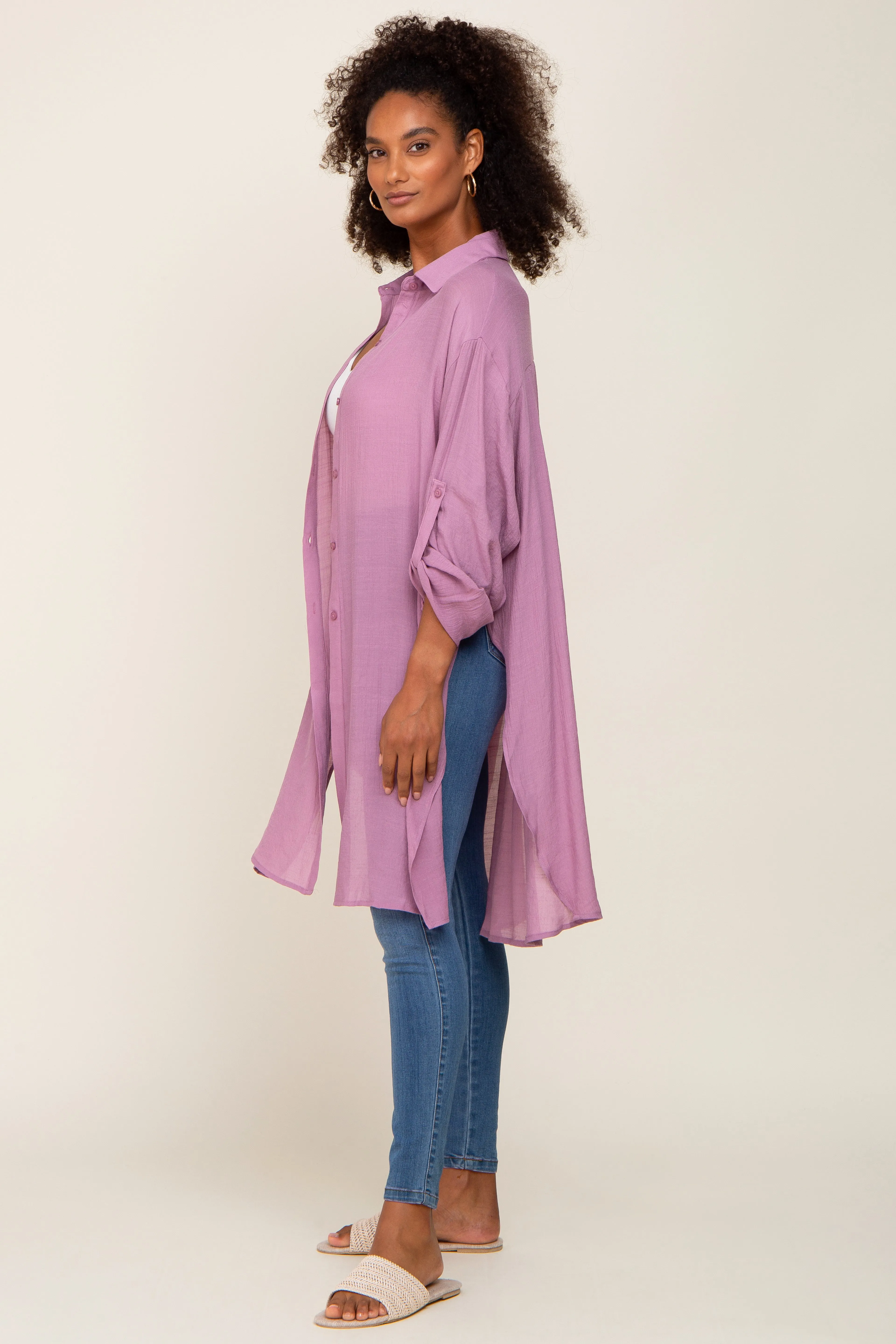 Lilac Button Front Side Slit Oversized Blouse sold by Pinkblush product image thumbnail 2