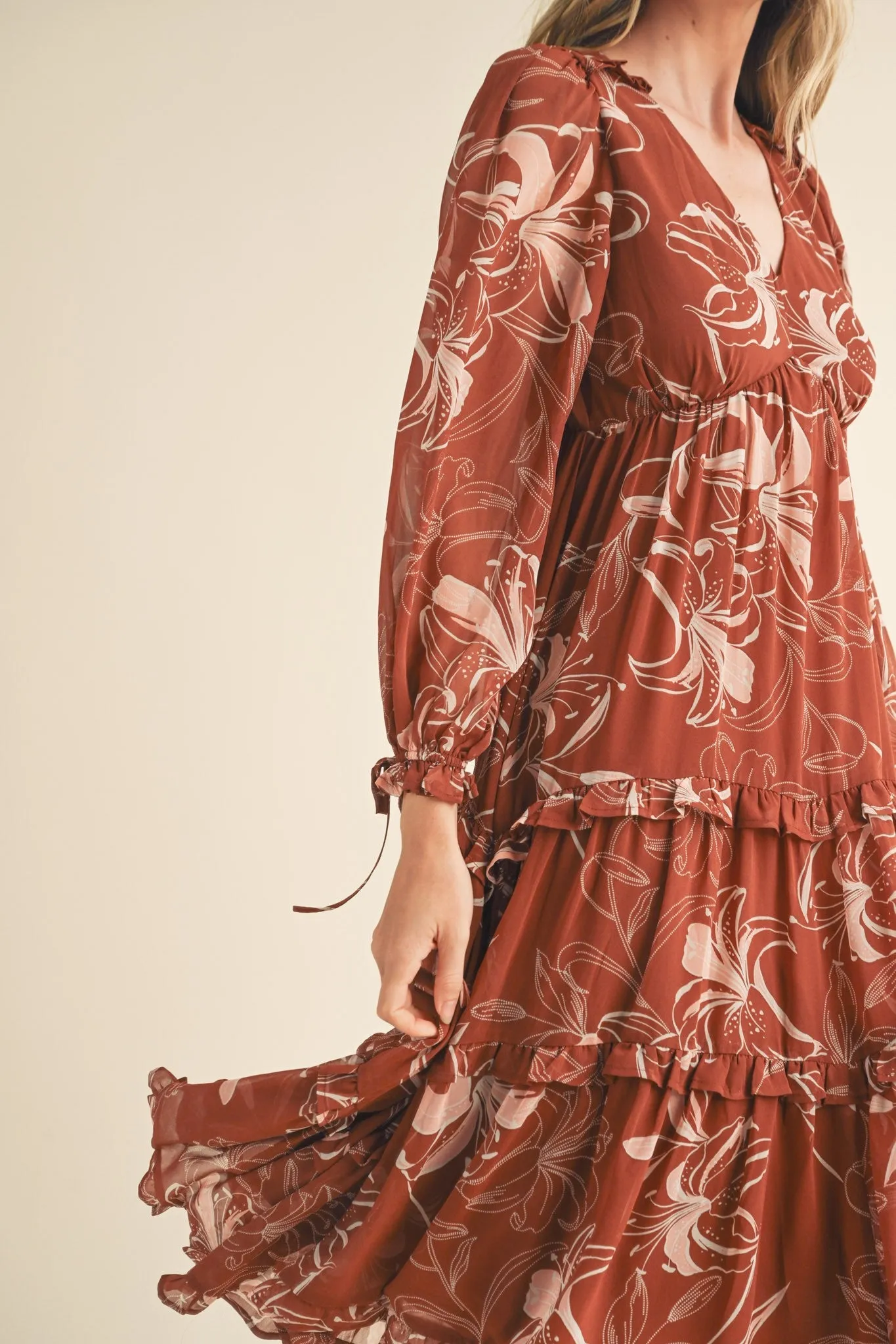 Brown Floral Chiffon Ruffle Tiered Midi Dress sold by Pinkblush product image thumbnail 4