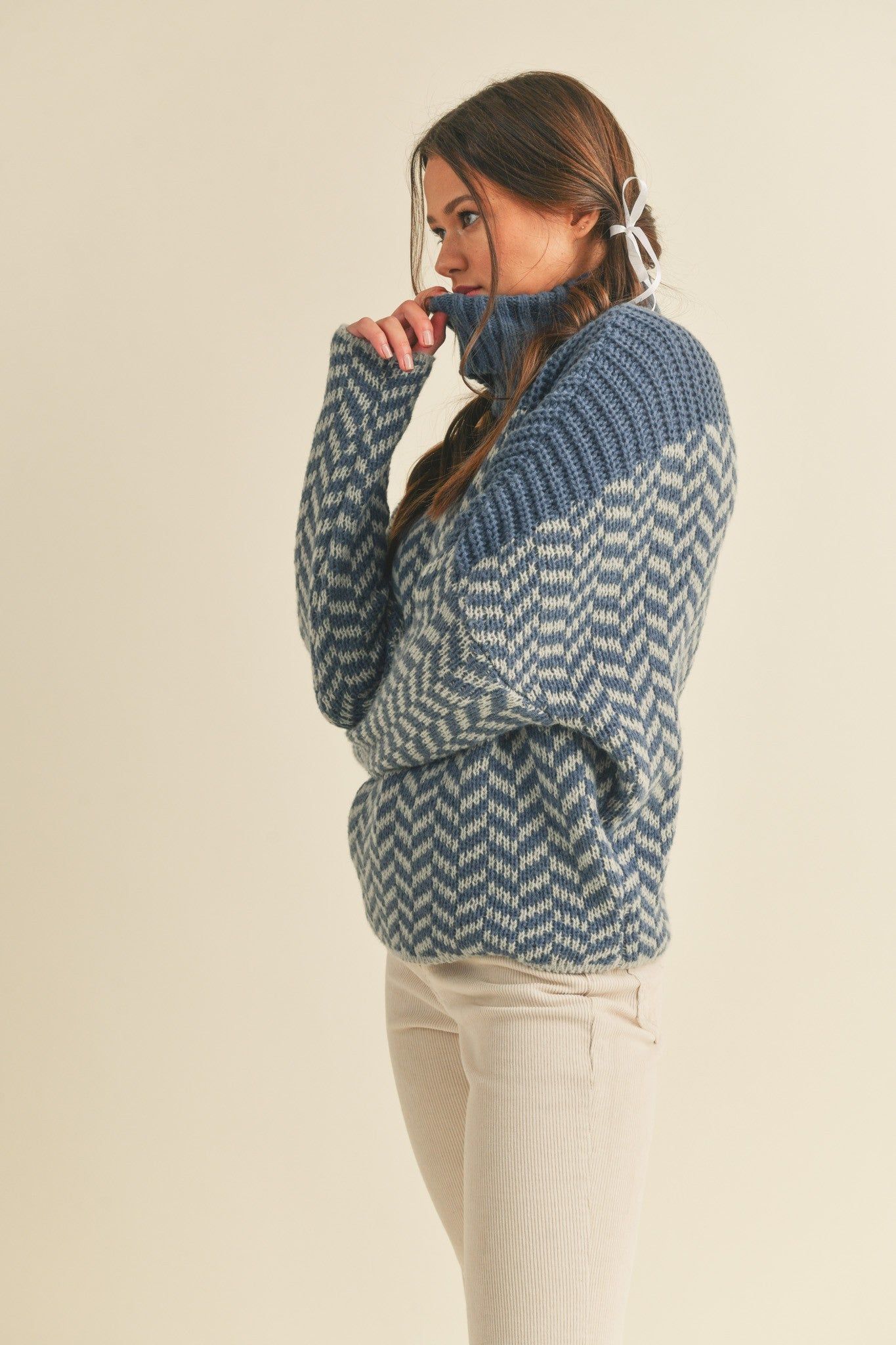 Blue Grey Turtleneck Chevron Knit Sweater sold by Pinkblush product image thumbnail 2