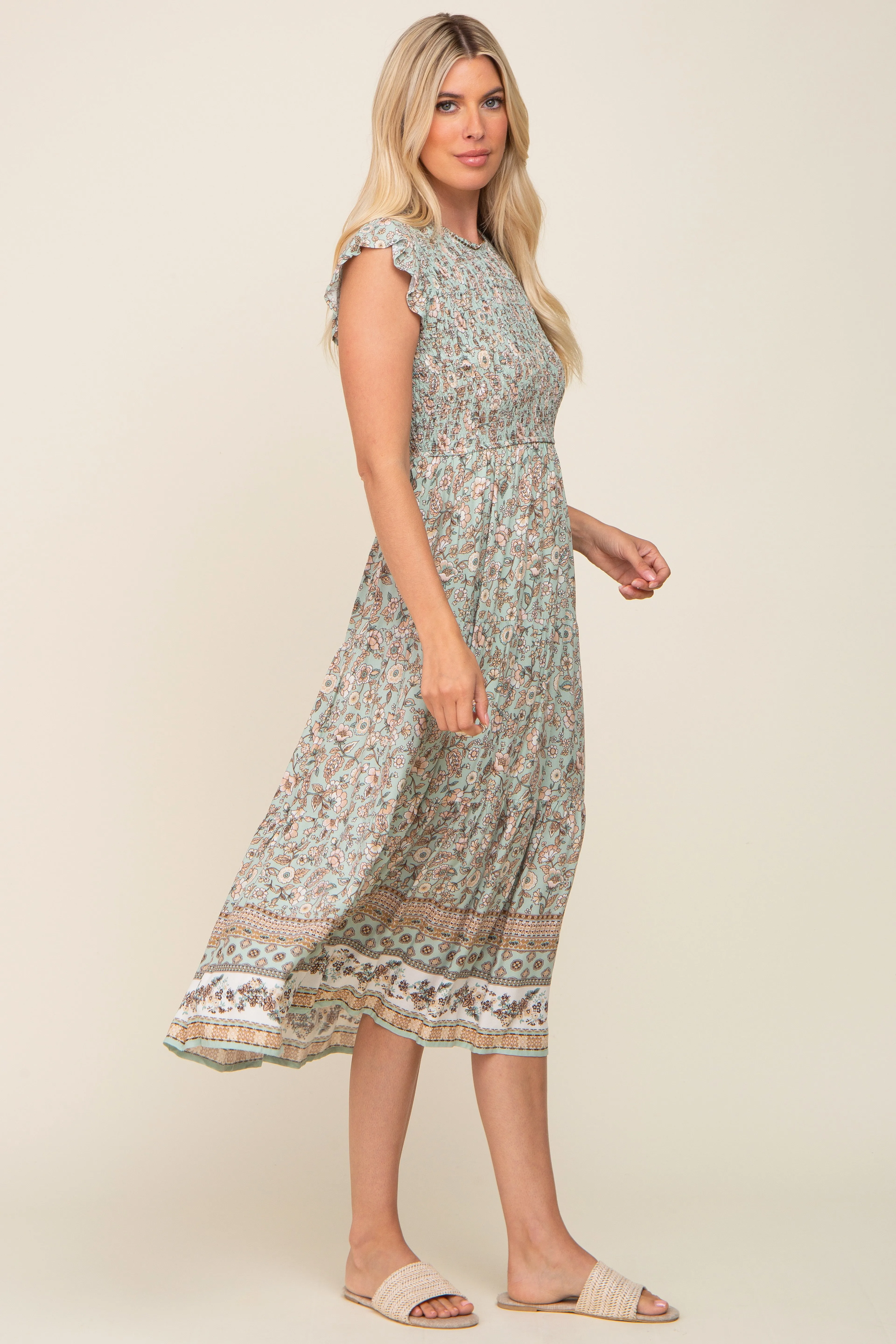 Light Olive Smocked Midi Dress sold by Pinkblush product image thumbnail 2