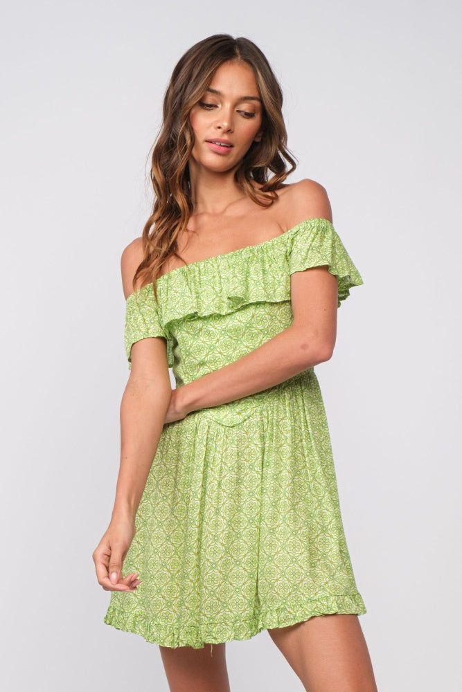 Green Off-Shoulder Ruffle Floral Mini Dress sold by Pinkblush