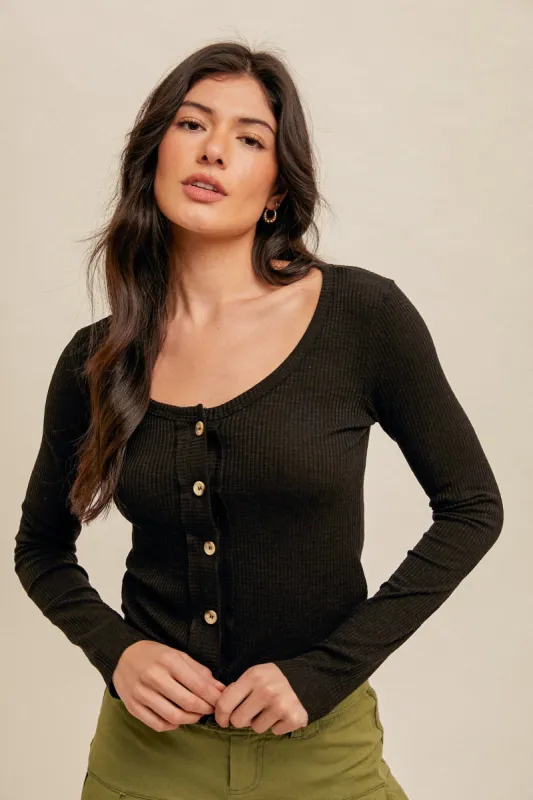 Black Boat Neck Rib Cardigan sold by Pinkblush