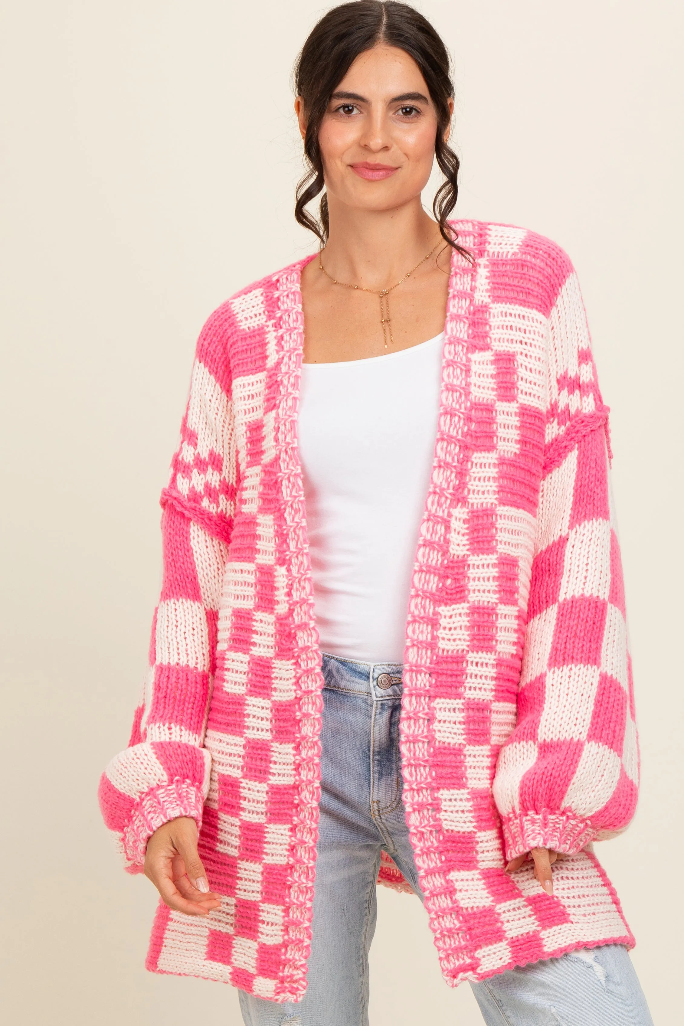 Fuchsia Mixed Check Pattern Chunky Cardigan sold by Pinkblush