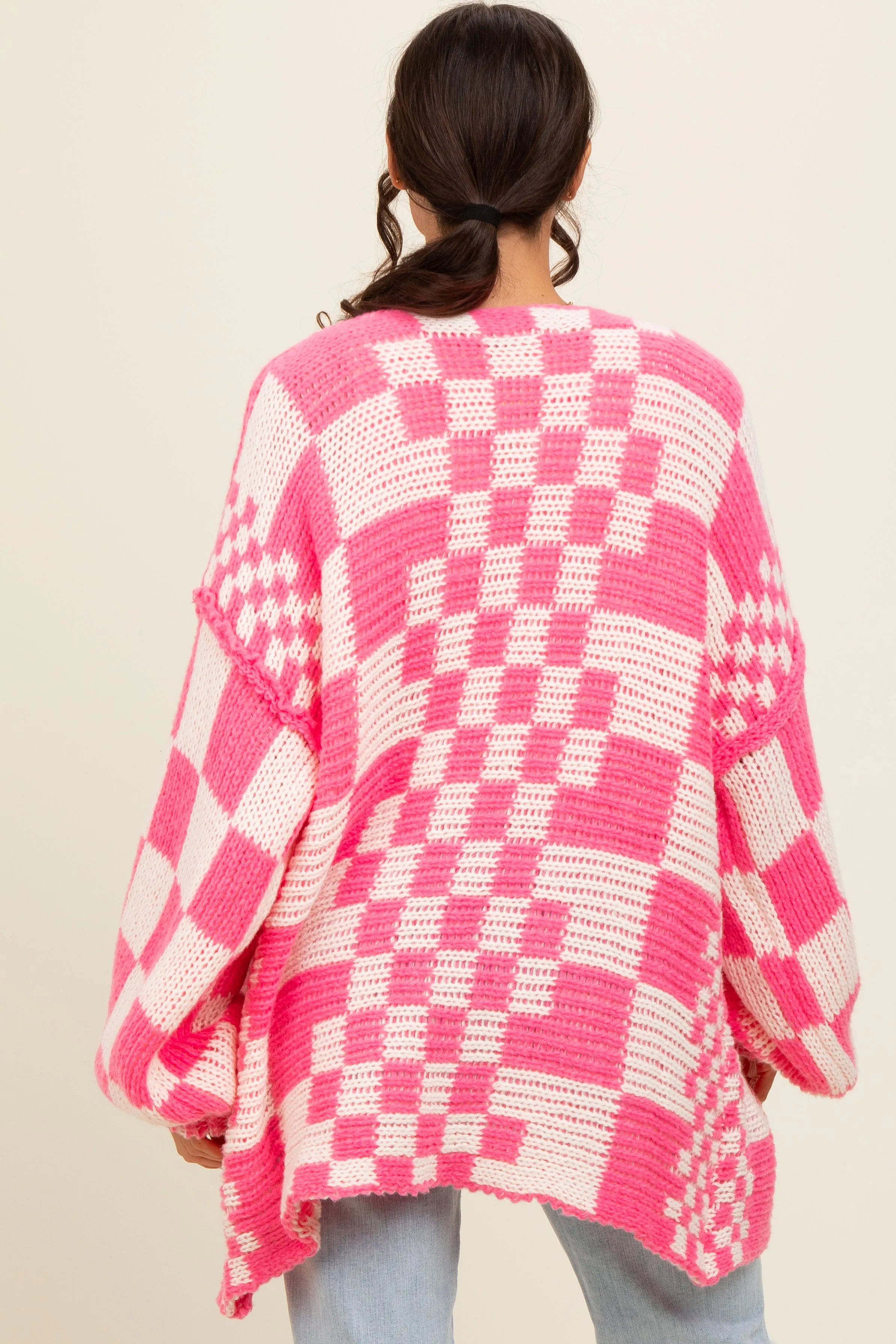 Fuchsia Mixed Check Pattern Chunky Cardigan sold by Pinkblush product image thumbnail 2