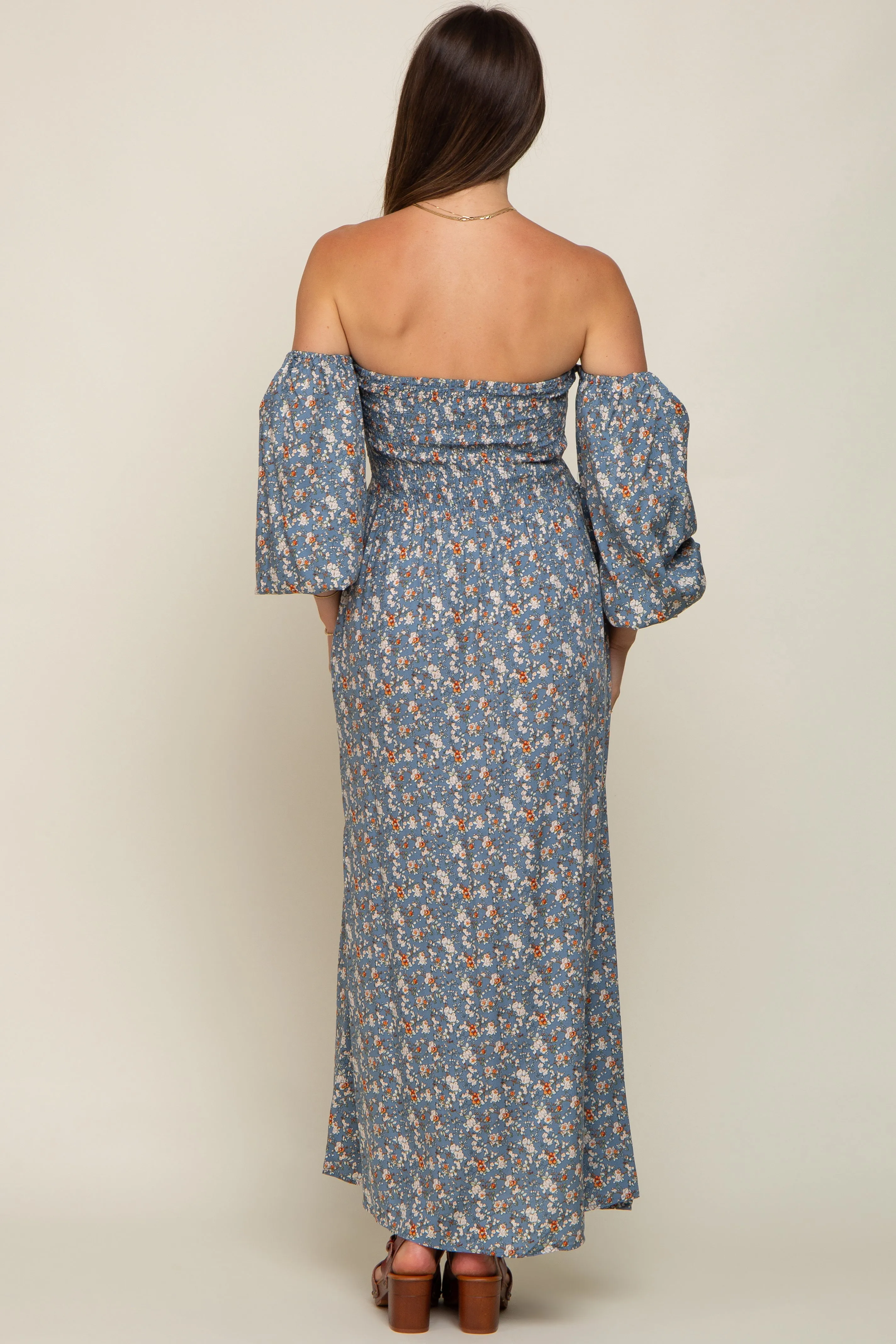 Blue Floral Square Neck Smocked Long Sleeve Maternity Maxi Dress sold by Pinkblush product image thumbnail 3