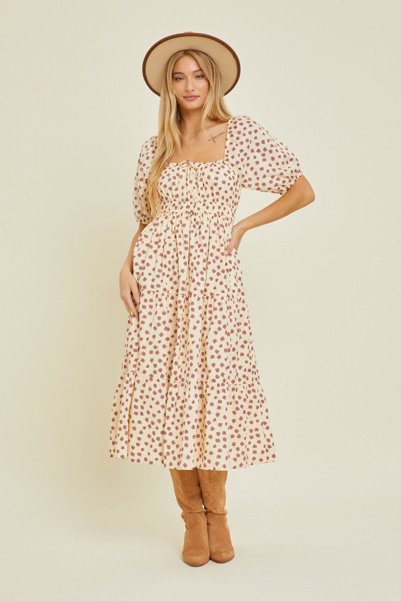 Cream Floral Puff Sleeve Tiered Midi Dress sold by Pinkblush