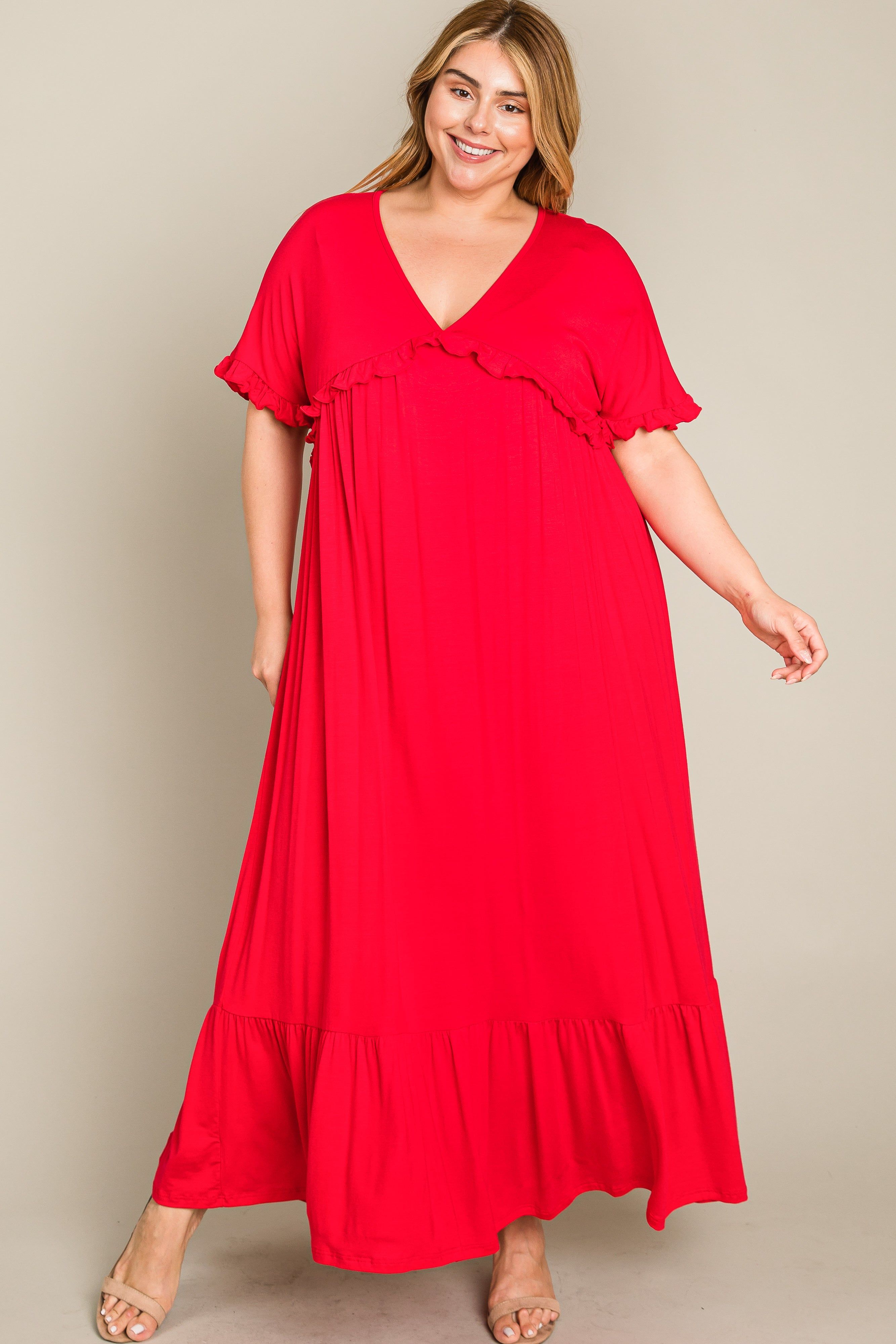 Red Solid Ruffle Plus Maxi Dress sold by Pinkblush product image thumbnail 10