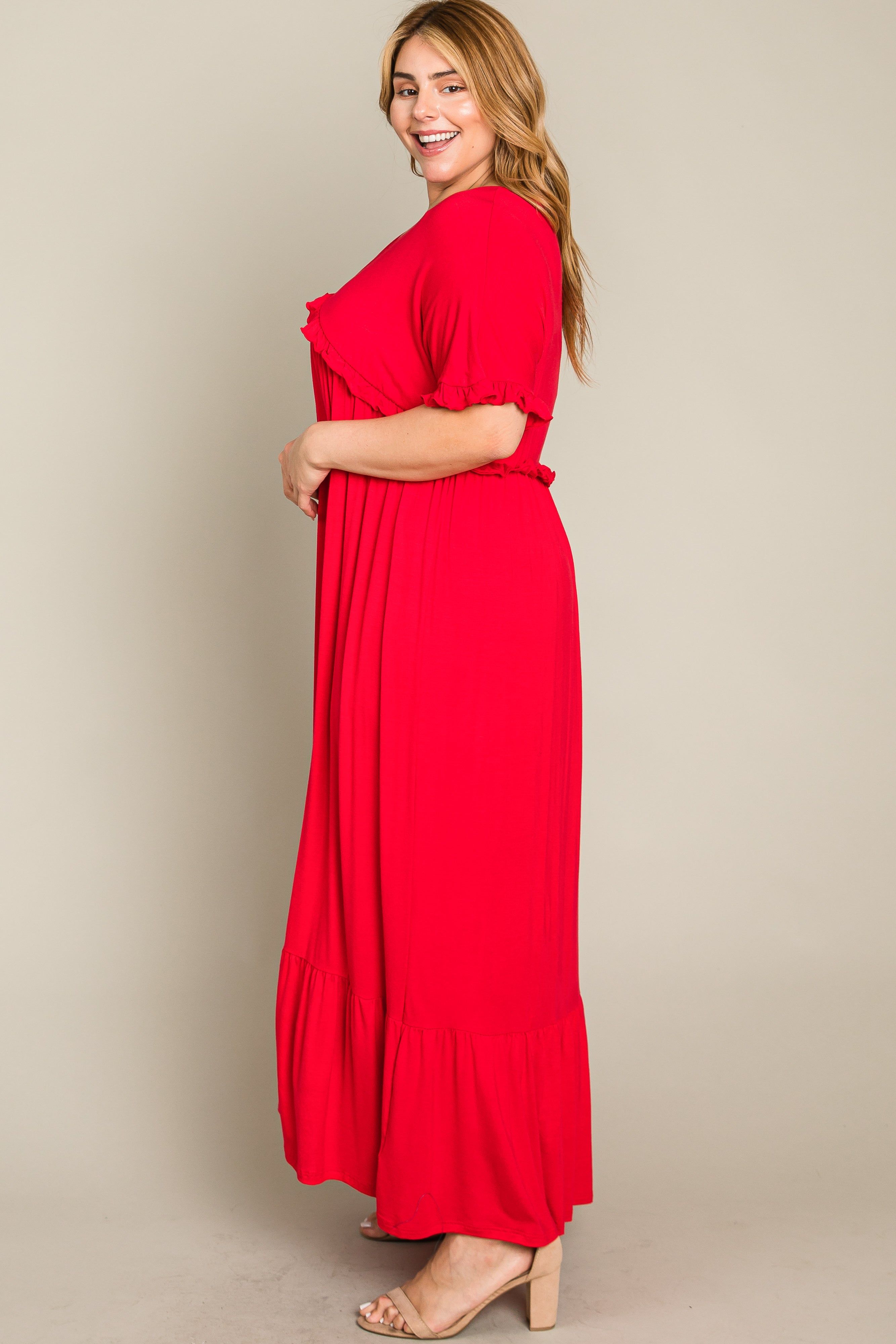 Red Solid Ruffle Plus Maxi Dress sold by Pinkblush product image thumbnail 7