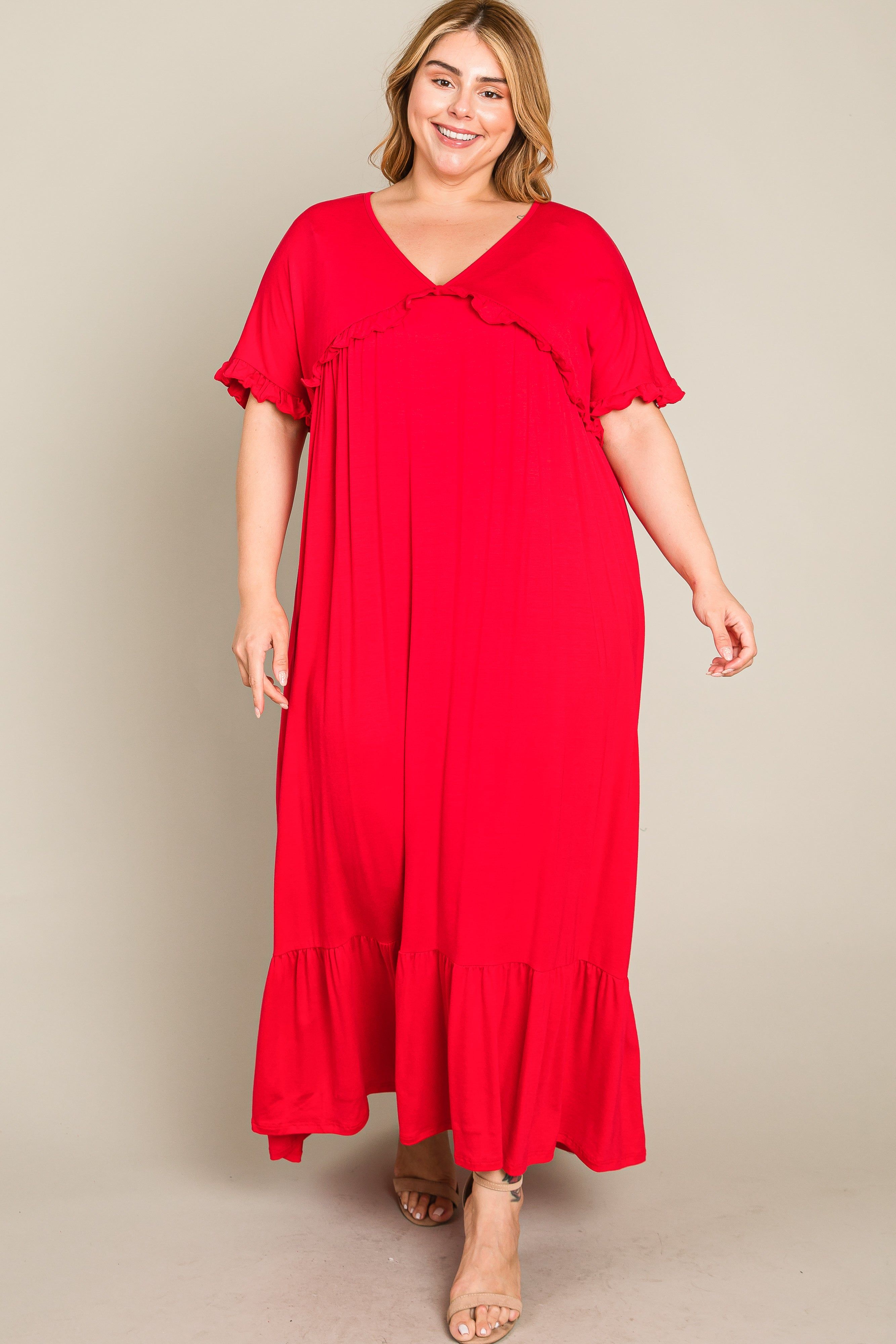 Red Solid Ruffle Plus Maxi Dress sold by Pinkblush product image thumbnail 4