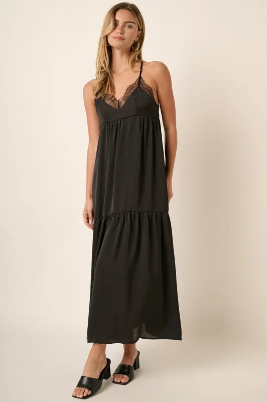 Black Sleeveless Lace Tiered Maxi Dress sold by Pinkblush