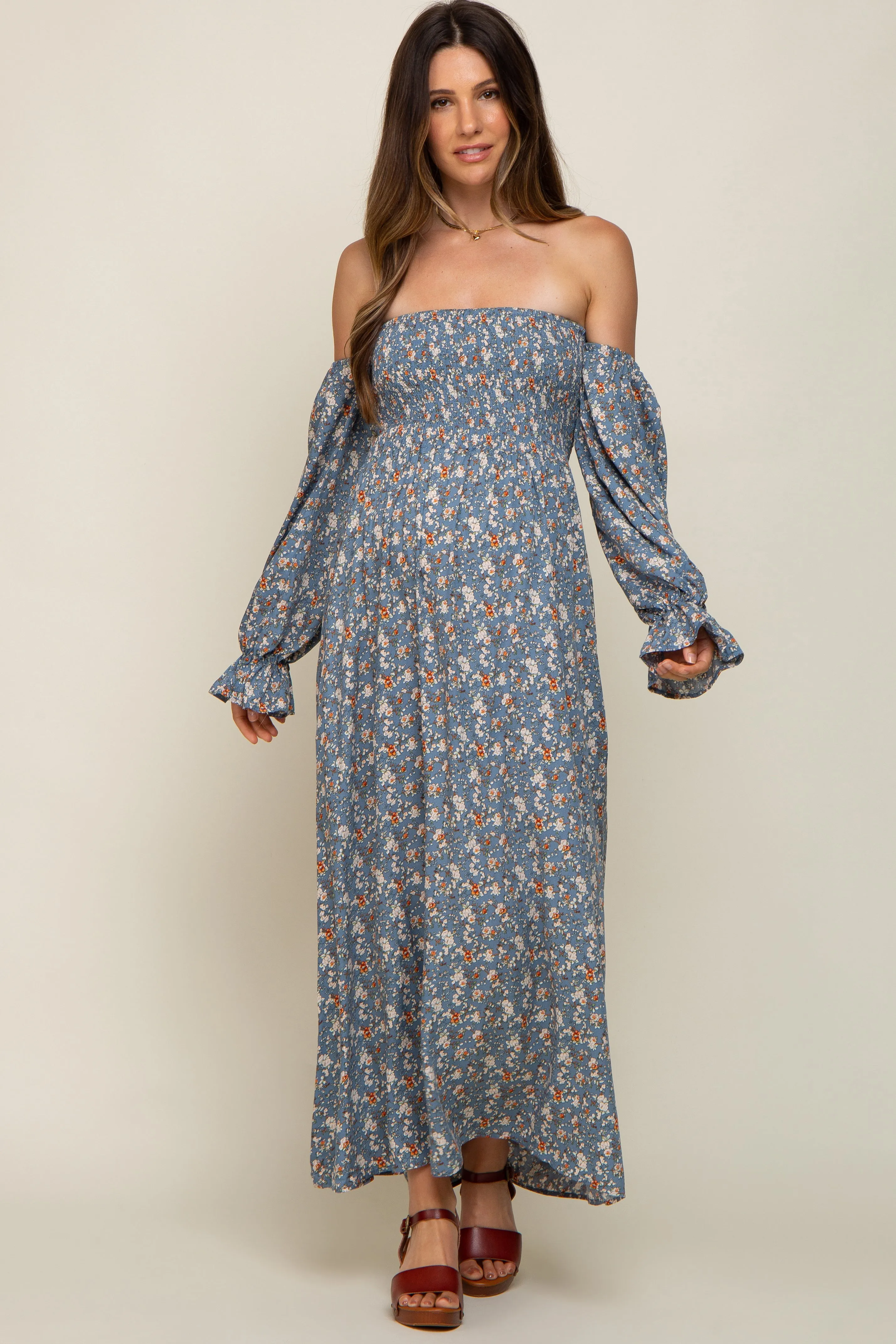 Blue Floral Square Neck Smocked Long Sleeve Maternity Maxi Dress sold by Pinkblush product image thumbnail 4