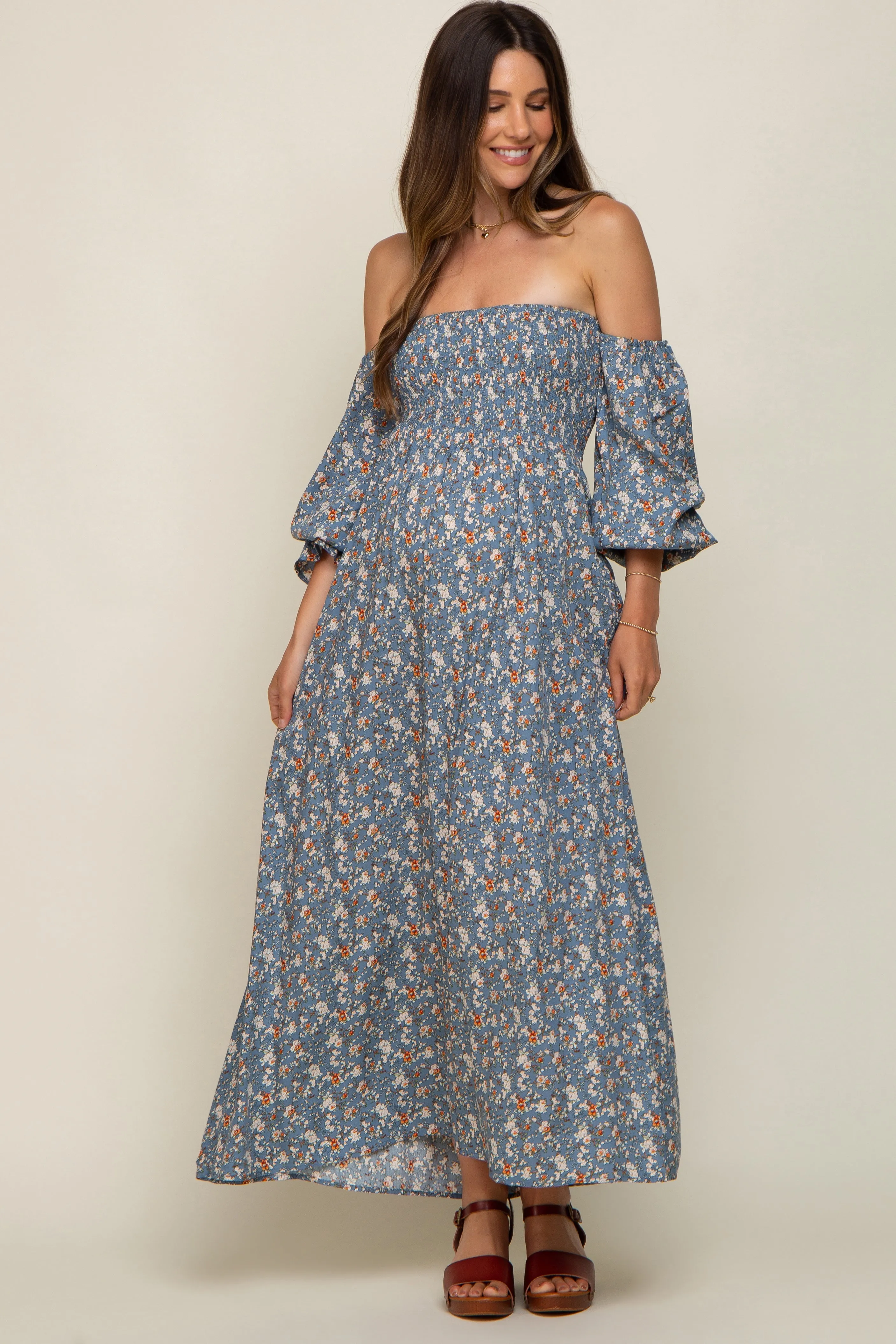Blue Floral Square Neck Smocked Long Sleeve Maternity Maxi Dress sold by Pinkblush