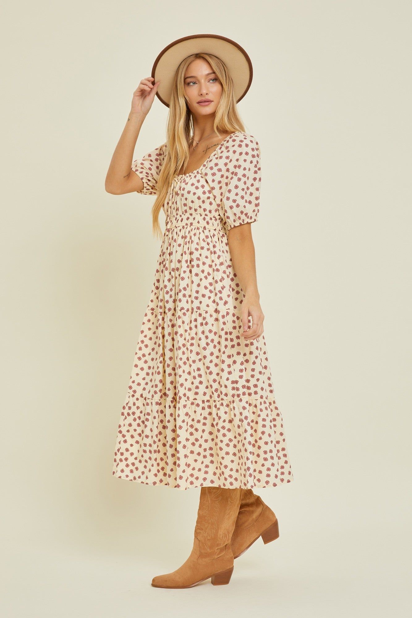 Cream Floral Puff Sleeve Tiered Midi Dress sold by Pinkblush product image thumbnail 2